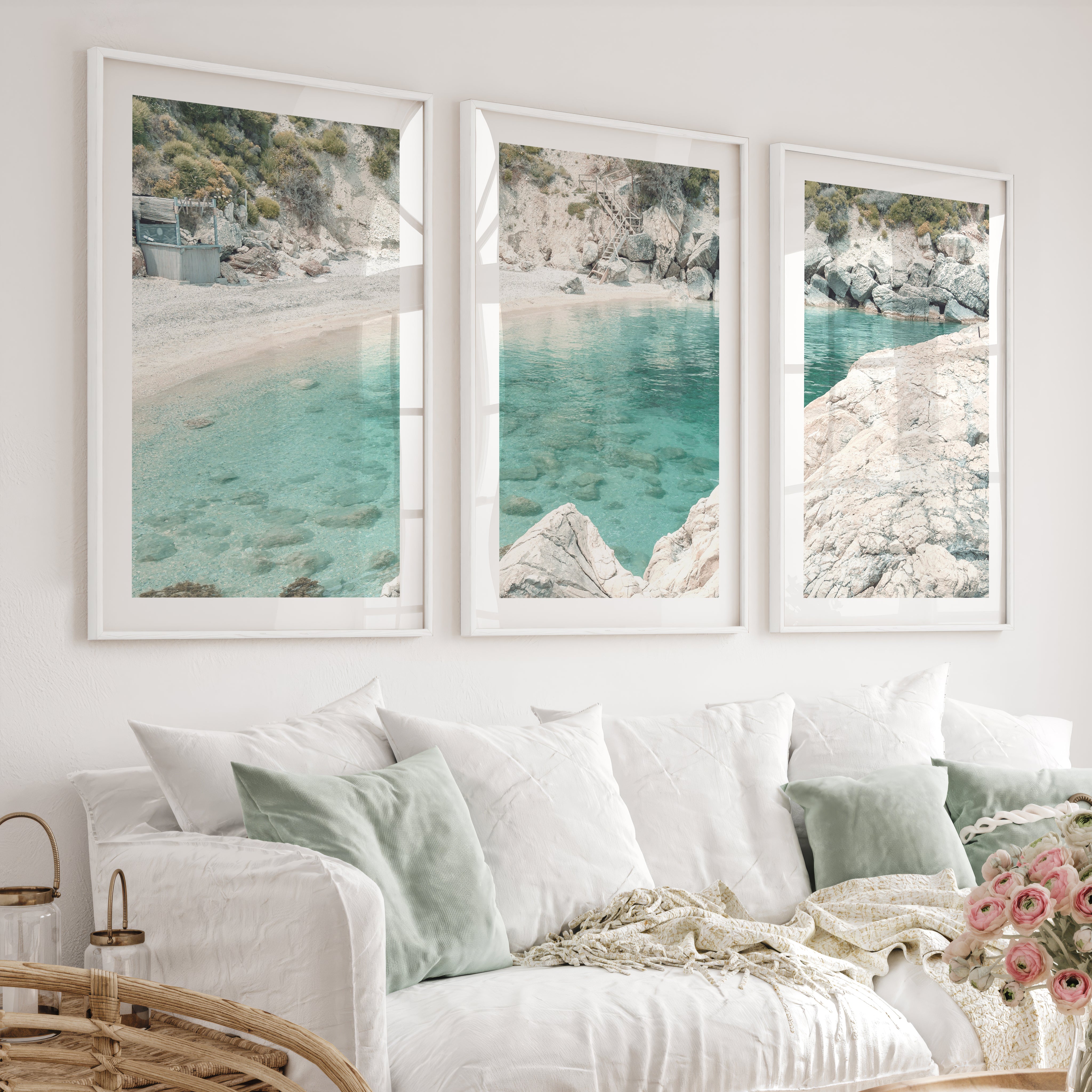 Rocky Cove coastal art pictures - White Framed Poster with White Border - Artworksets