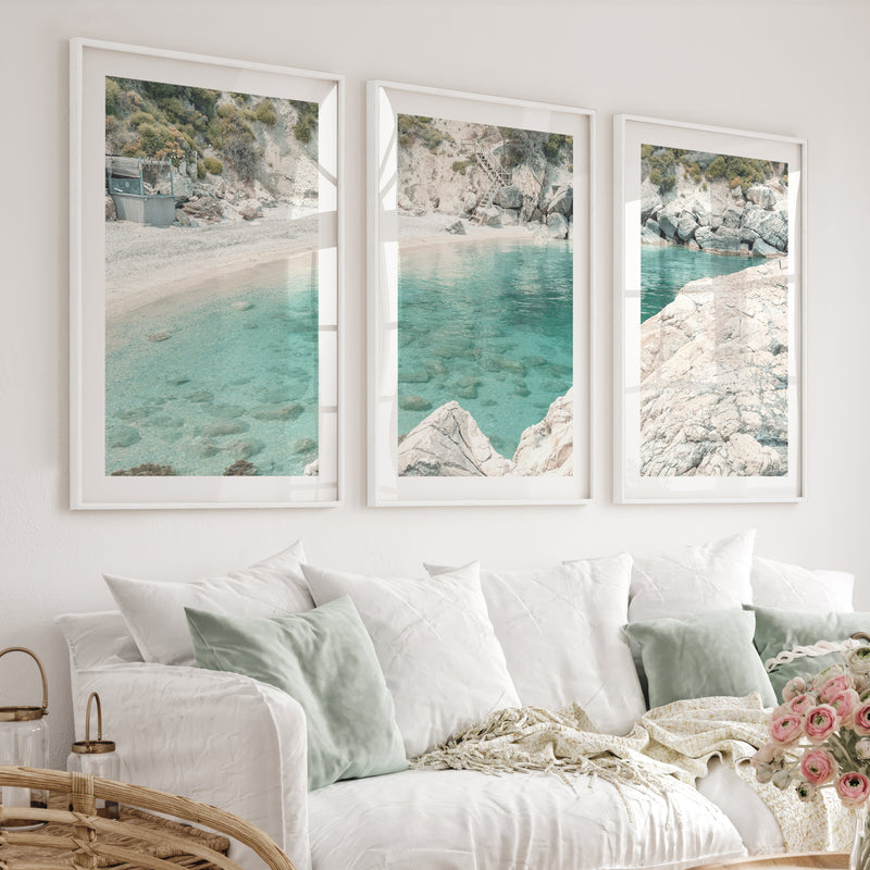 Rocky Cove coastal art pictures - White Framed Poster with White Border - Artworksets