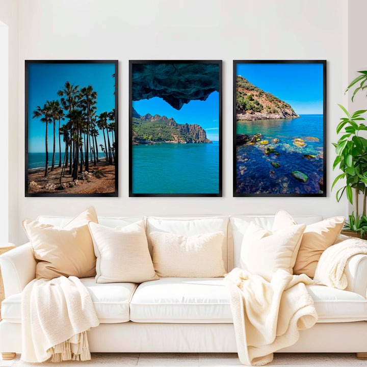 Coastal Art Pictures – Tropical Water Views (3 Piece Wall Set) - Black Framed Poster No Border - Artworksets