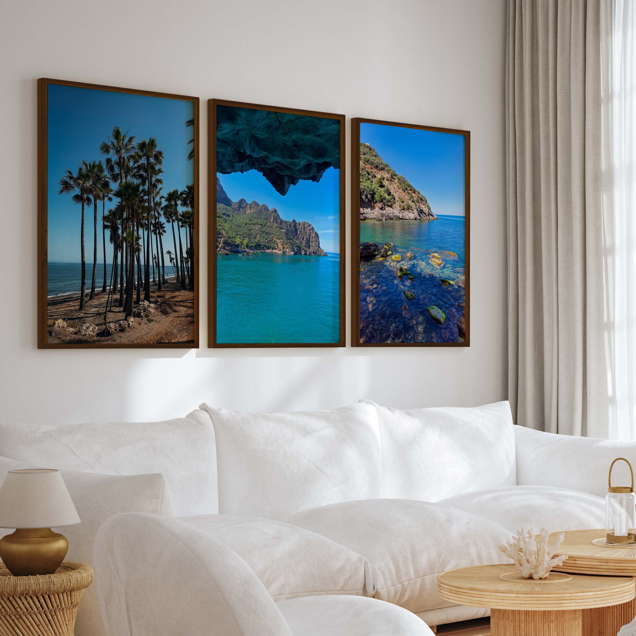 Coastal Art Pictures – Tropical Water Views (3 Piece Wall Set) - Dark Brown Framed Poster No Border - Artworksets