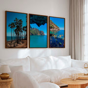 Coastal Art Pictures – Tropical Water Views (3 Piece Wall Set) - Dark Brown Framed Poster No Border - Artworksets
