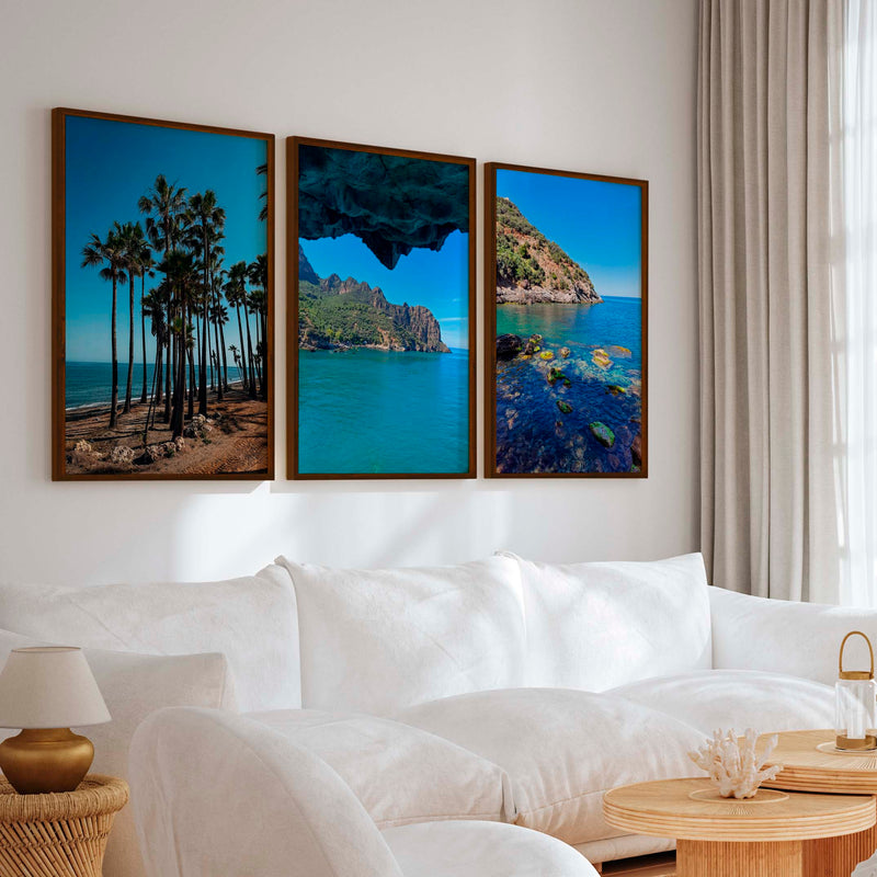 Coastal Art Pictures – Tropical Water Views (3 Piece Wall Set) - Dark Brown Framed Poster No Border - Artworksets