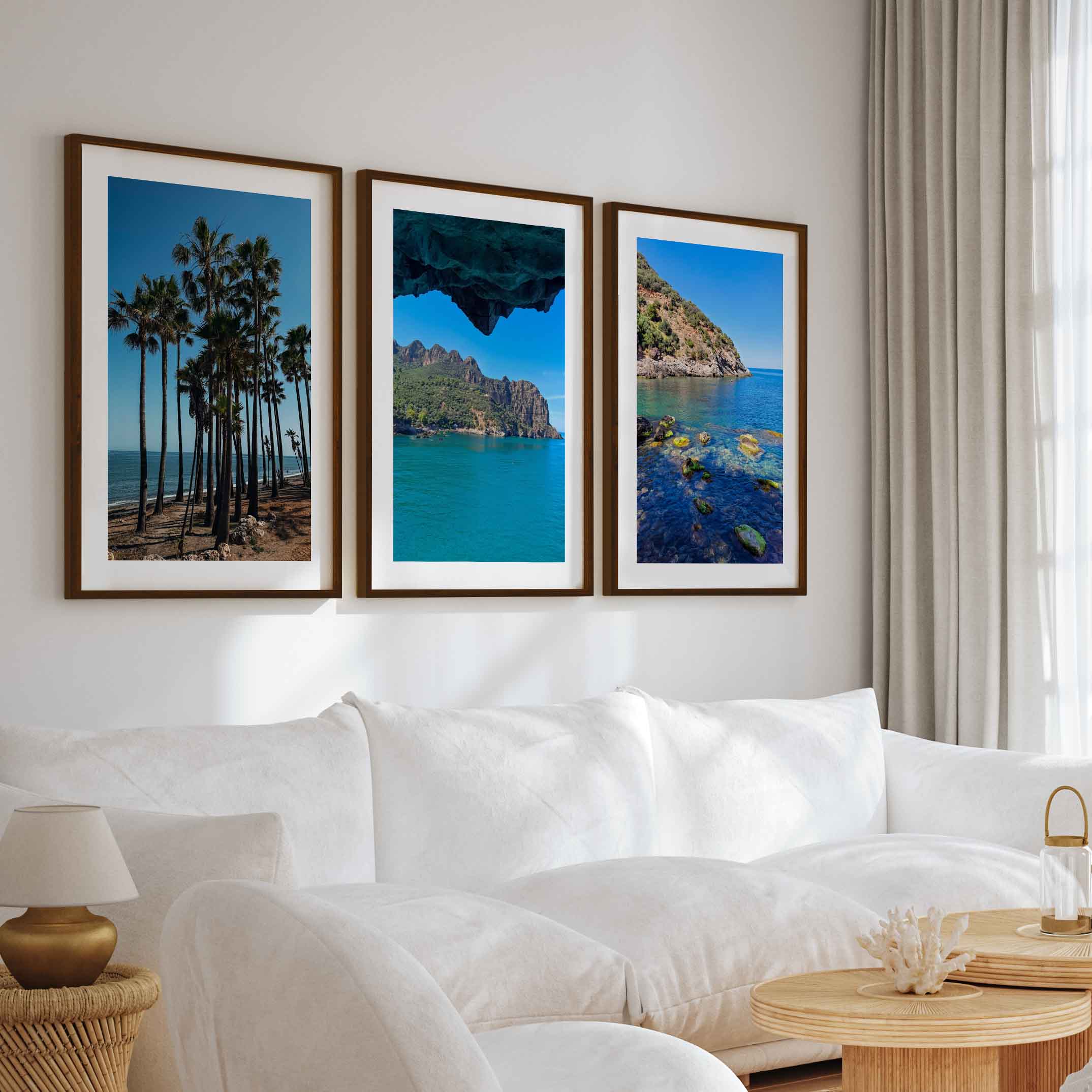 Coastal Art Pictures – Tropical Water Views (3 Piece Wall Set) - Dark Brown Framed Poster with White Border - Artworksets
