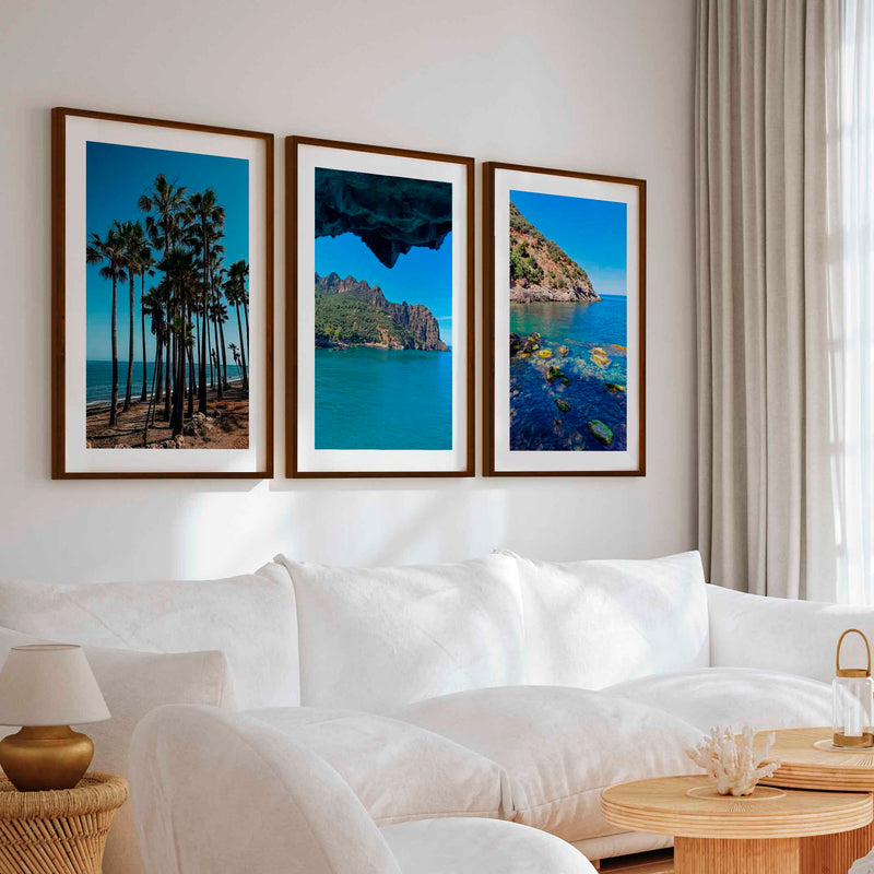 Coastal Art Pictures – Tropical Water Views (3 Piece Wall Set) - Dark Brown Framed Poster with White Border - Artworksets