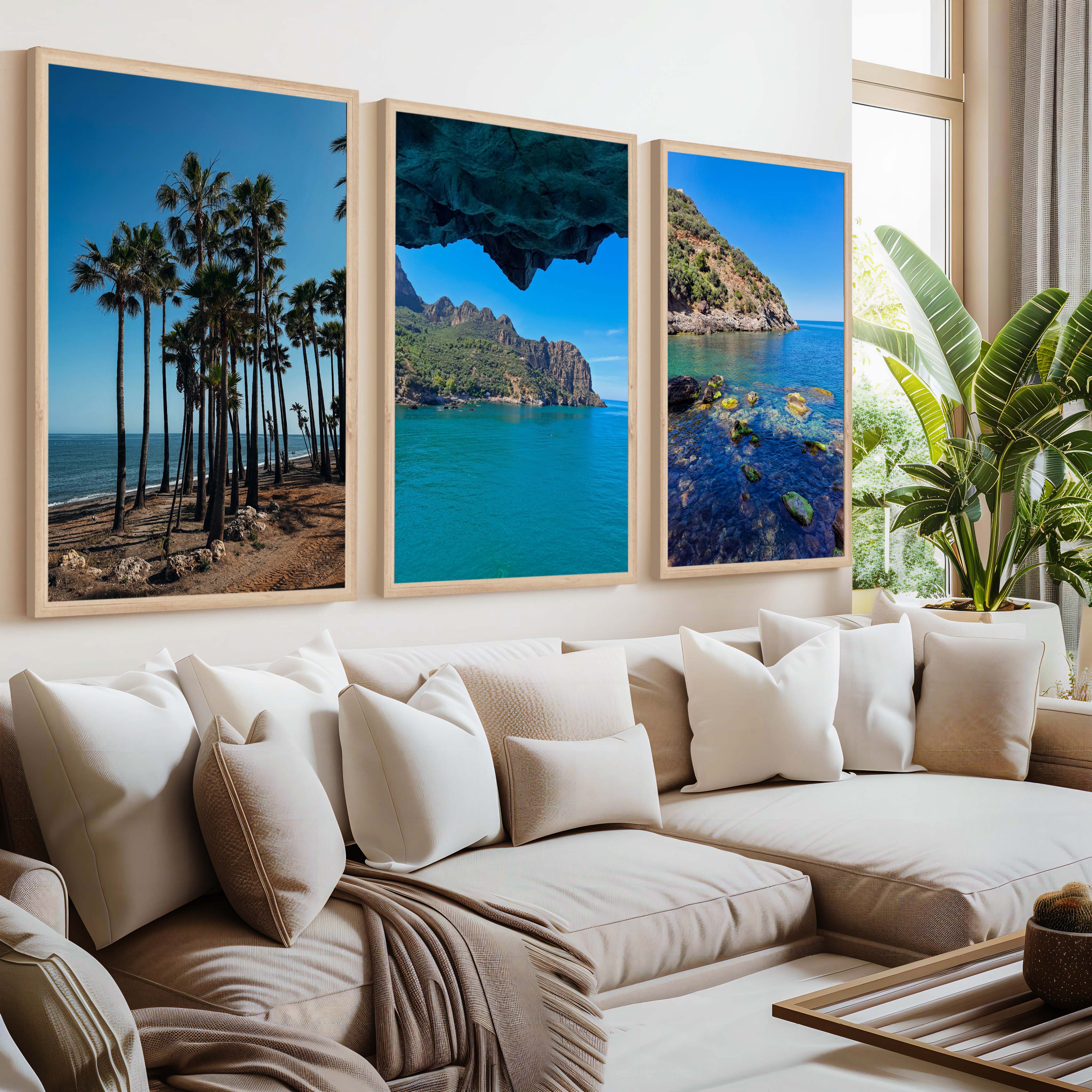 Coastal Art Pictures – Tropical Water Views (3 Piece Wall Set) - Natural Wood Framed Poster No Border - Artworksets