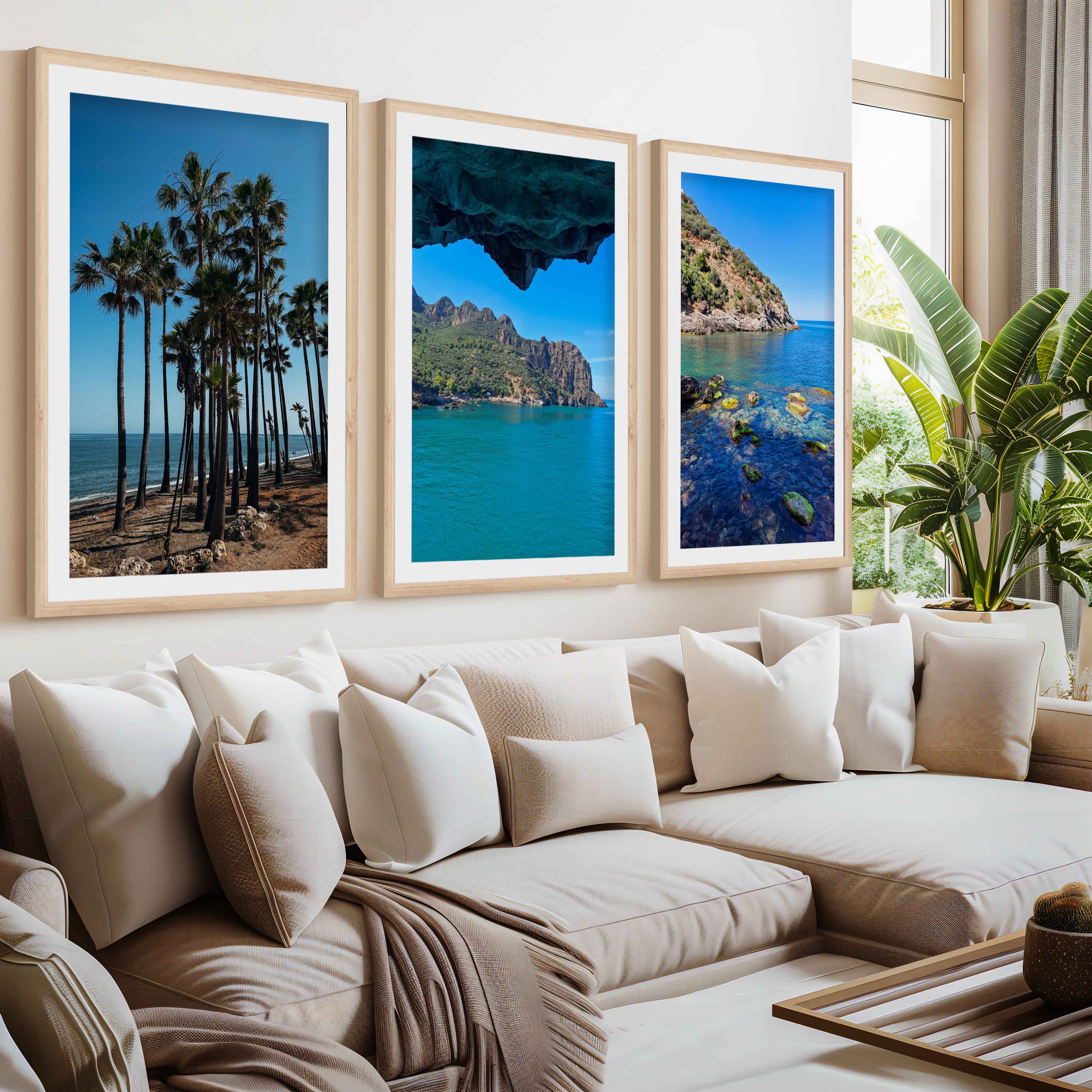 Coastal Art Pictures – Tropical Water Views (3 Piece Wall Set)- Natural Wood Framed Poster with White Border - Artworksets