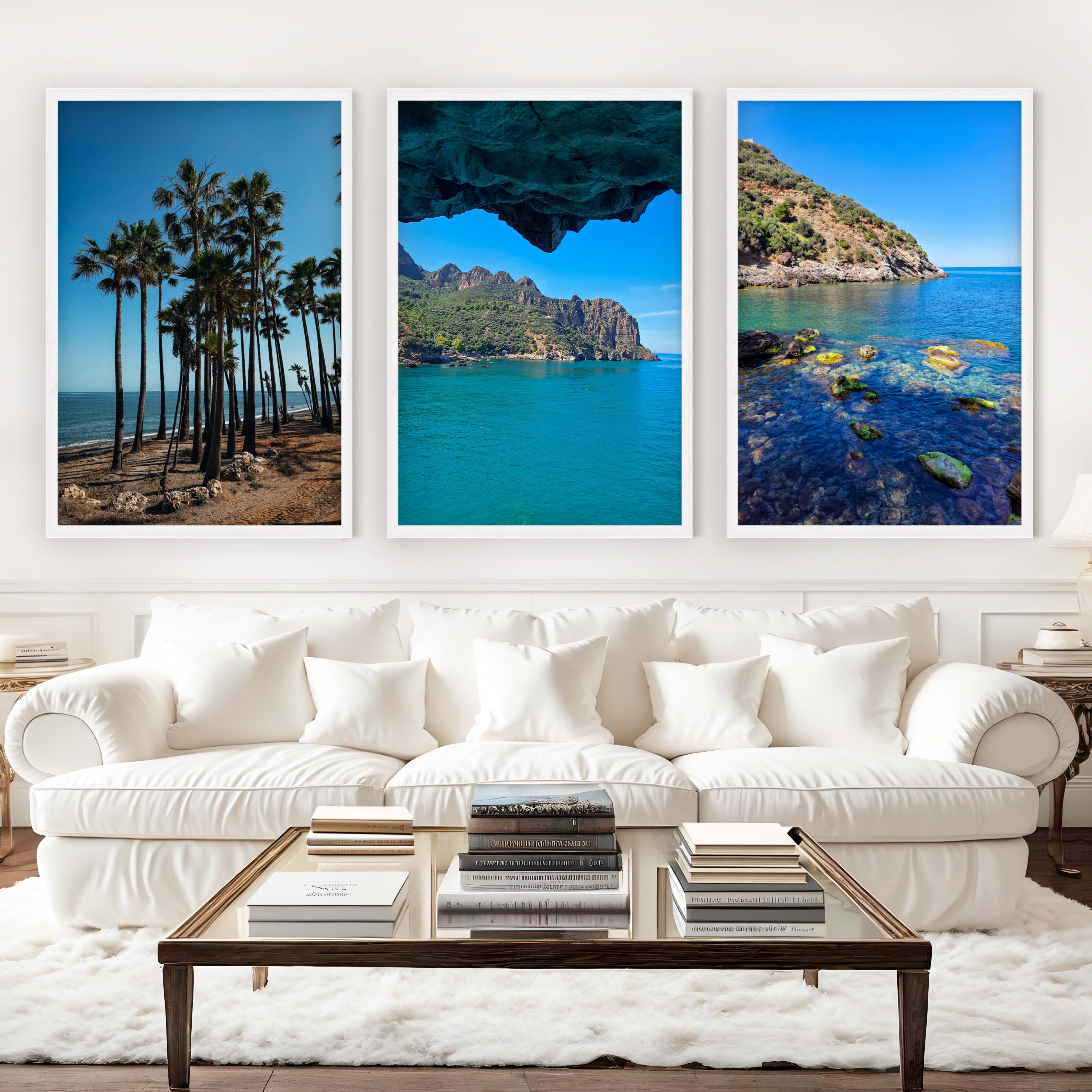 Coastal Art Pictures – Tropical Water Views (3 Piece Wall Set) - White Framed Poster No Border - Artworksets