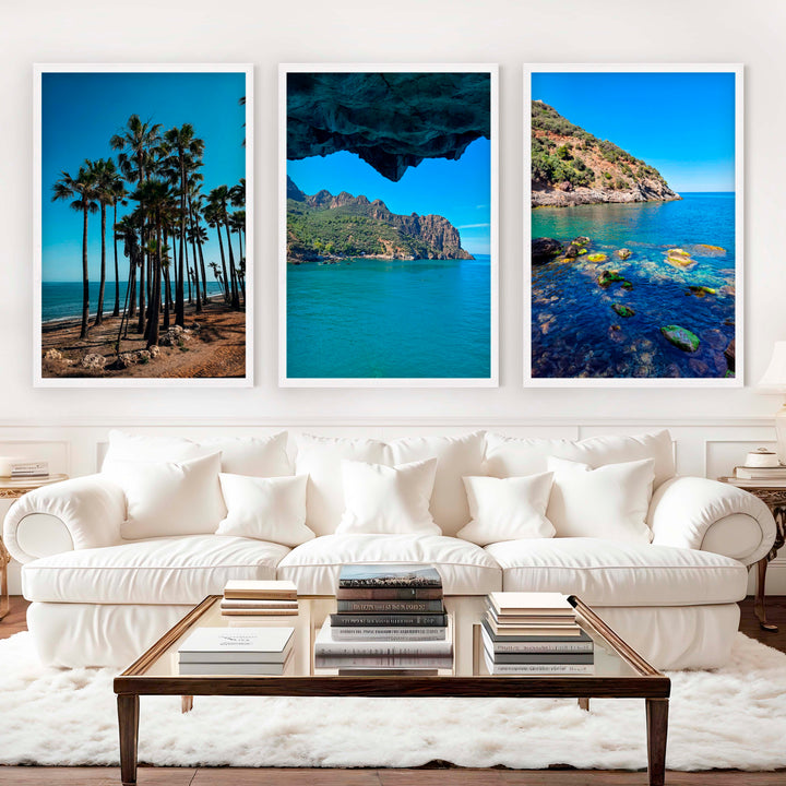 Coastal Art Pictures – Tropical Water Views (3 Piece Wall Set) - White Framed Poster No Border - Artworksets