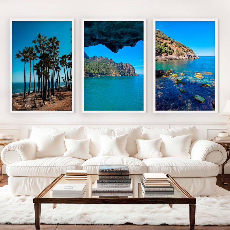 Coastal Art Pictures – Tropical Water Views (3 Piece Wall Set) - White Framed Poster No Border - Artworksets