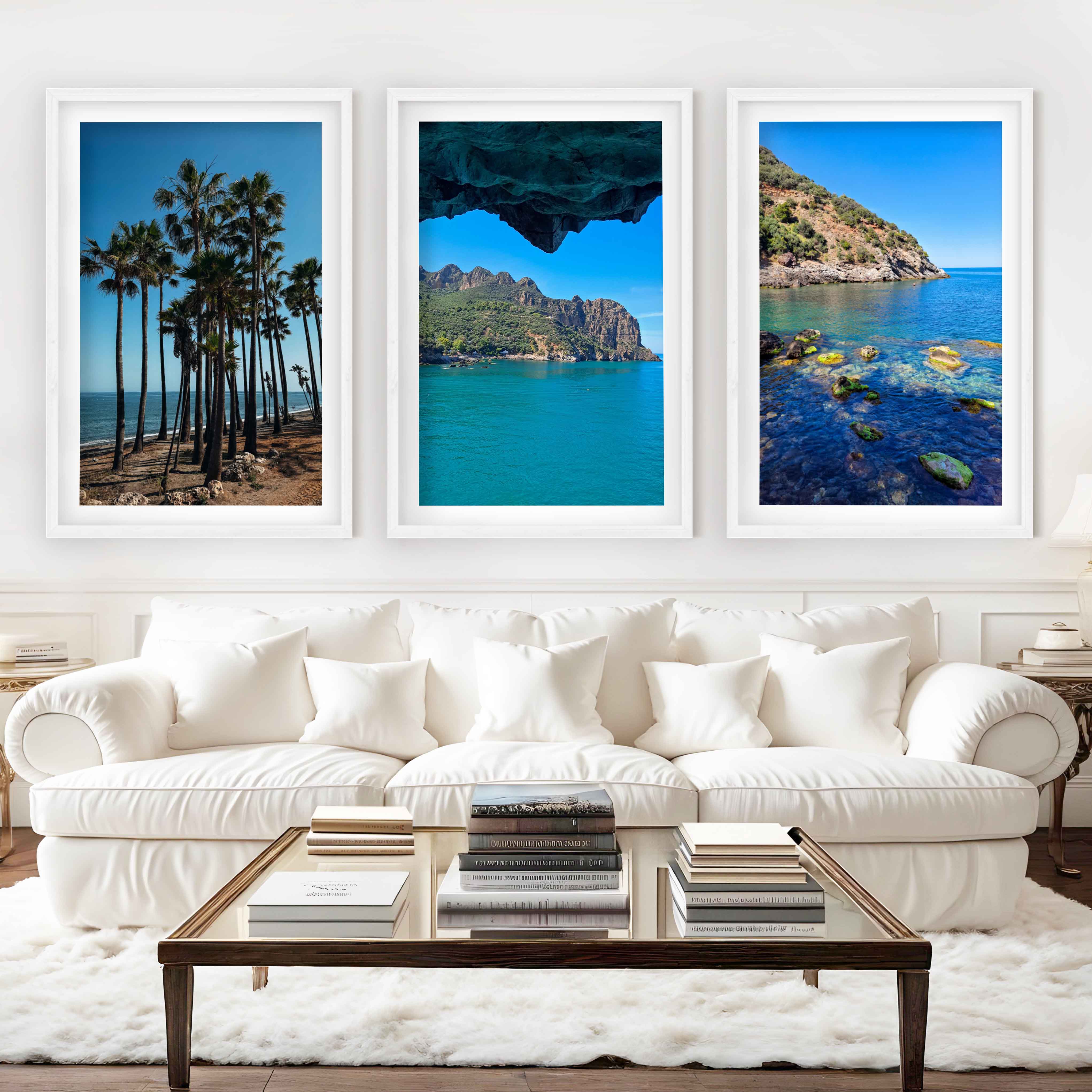 Coastal Art Pictures – Tropical Water Views (3 Piece Wall Set) - White Framed Poster with White Border - Artworksets