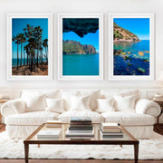 Coastal Art Pictures – Tropical Water Views (3 Piece Wall Set) - White Framed Poster with White Border - Artworksets