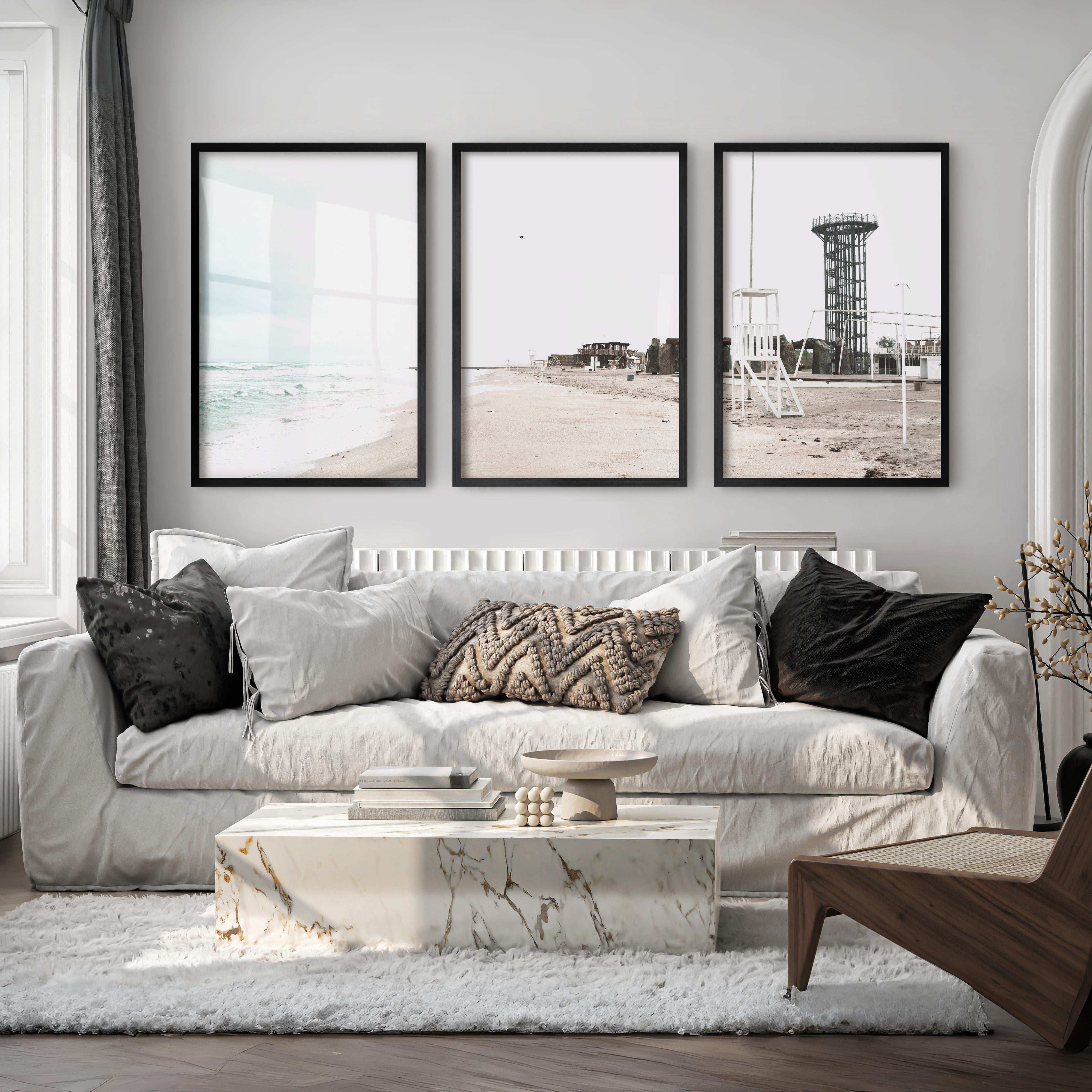 Stormy Shore Lifeguard Chair Coastal Art Prints - Black Framed Poster No Border - Artworksets
