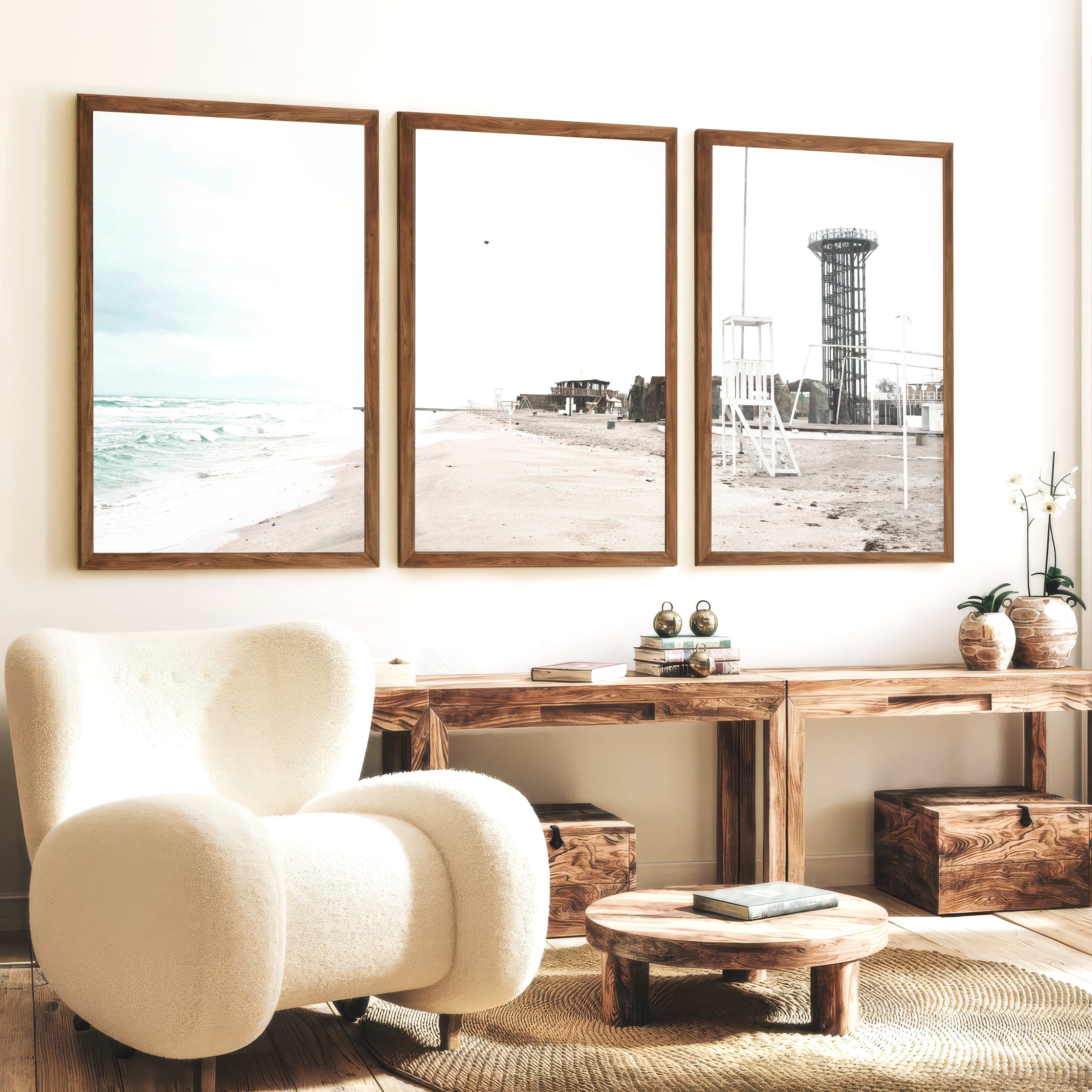 Stormy Shore Lifeguard Chair Coastal Art Prints - Dark Brown Framed Poster No Border - Artworksets