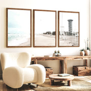 Stormy Shore Lifeguard Chair Coastal Art Prints - Dark Brown Framed Poster No Border - Artworksets