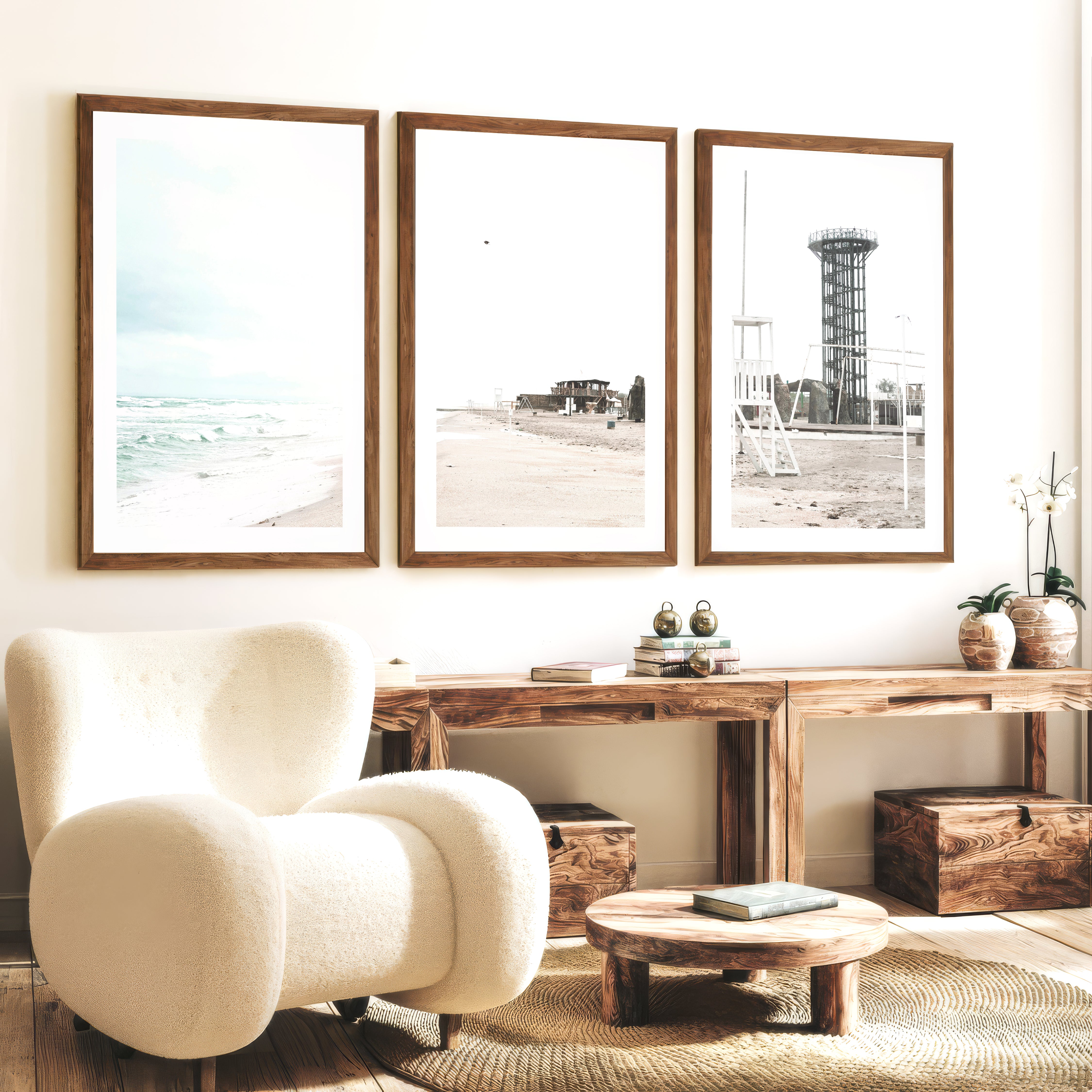 Stormy Shore Lifeguard Chair Coastal Art Prints - Dark Brown Framed Poster with White Border - Artworksets