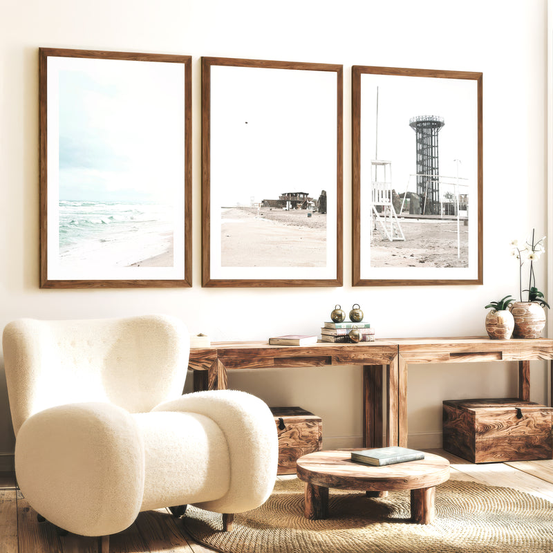 Stormy Shore Lifeguard Chair Coastal Art Prints - Dark Brown Framed Poster with White Border - Artworksets