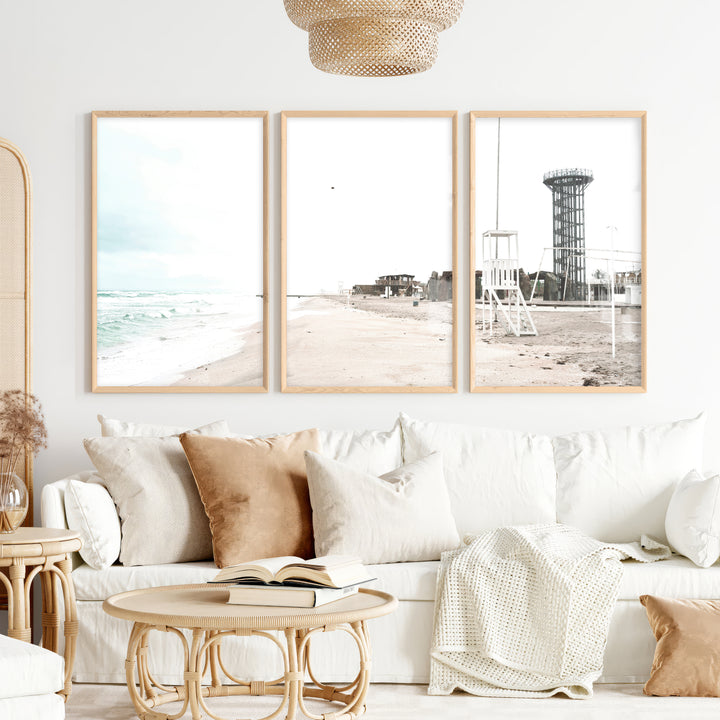 Stormy Shore Lifeguard Chair Coastal Art Prints - Natural Wood Framed Poster No Border - Artworksets