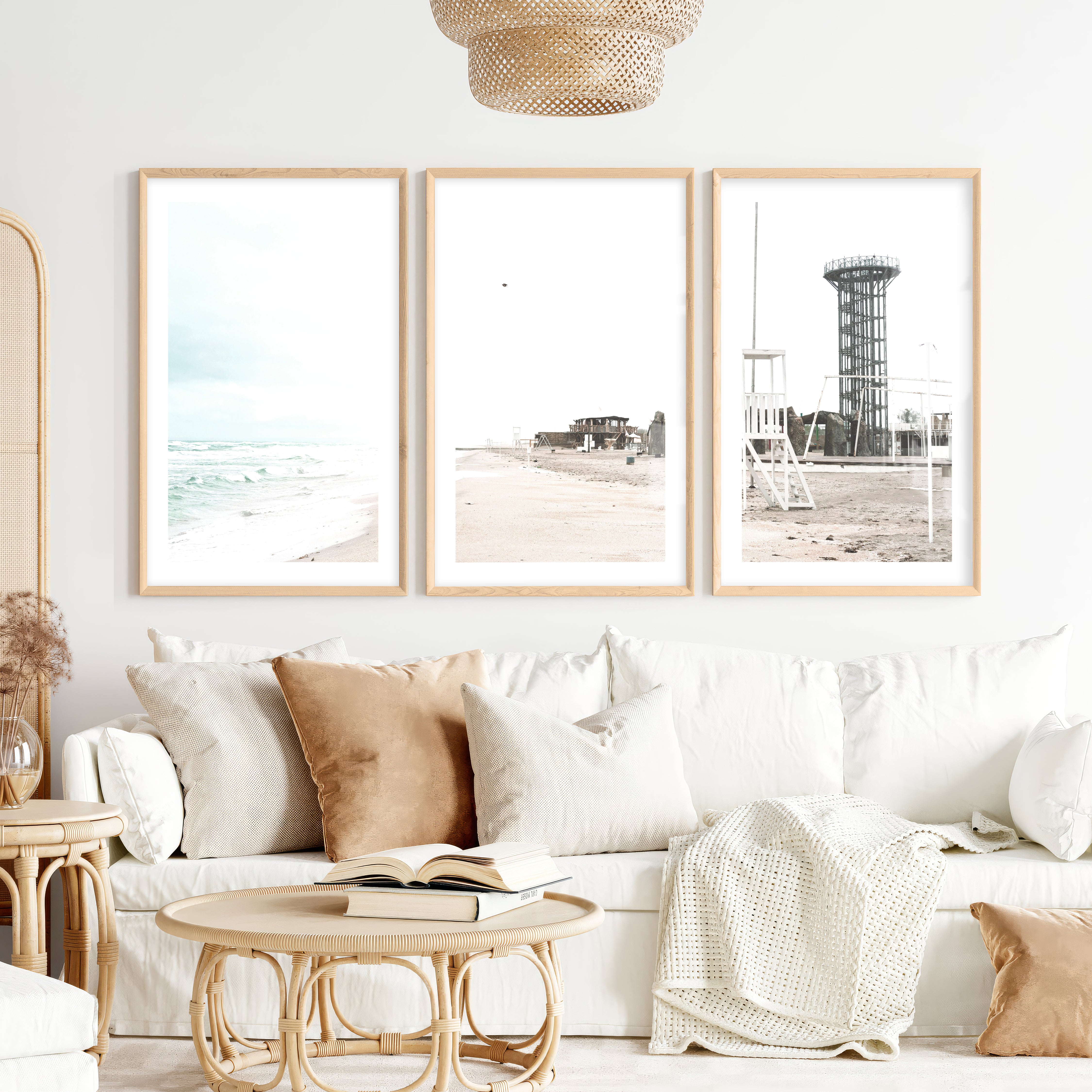 Stormy Shore Lifeguard Chair Coastal Art Prints- Natural Wood Framed Poster with White Border - Artworksets