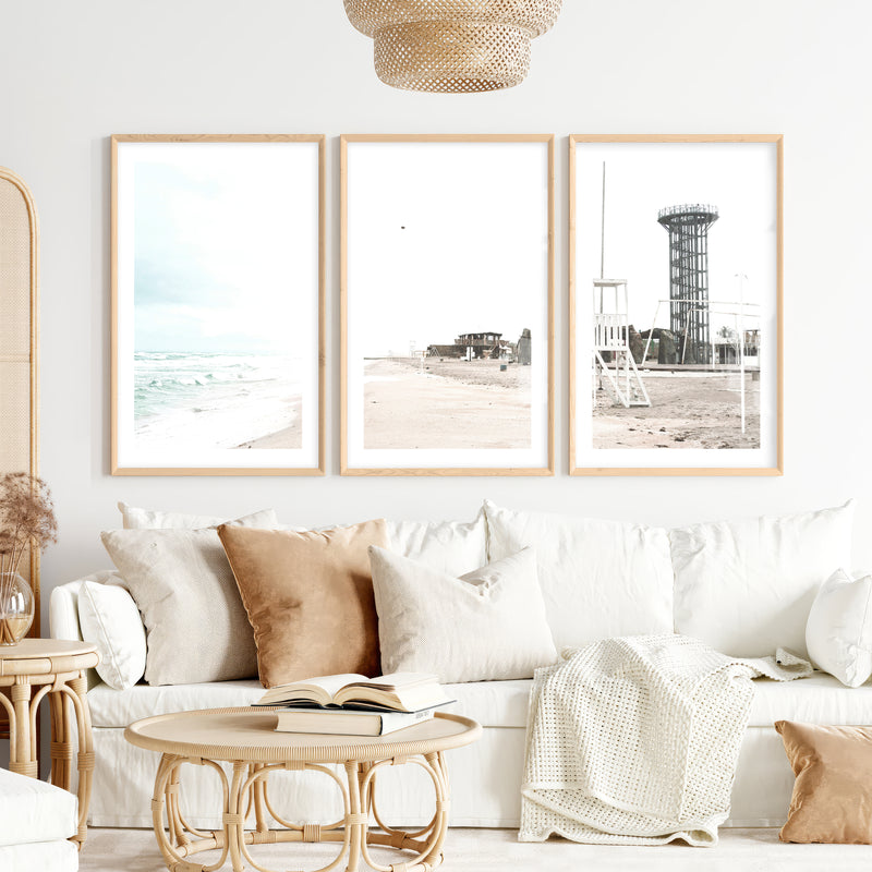 Stormy Shore Lifeguard Chair Coastal Art Prints- Natural Wood Framed Poster with White Border - Artworksets