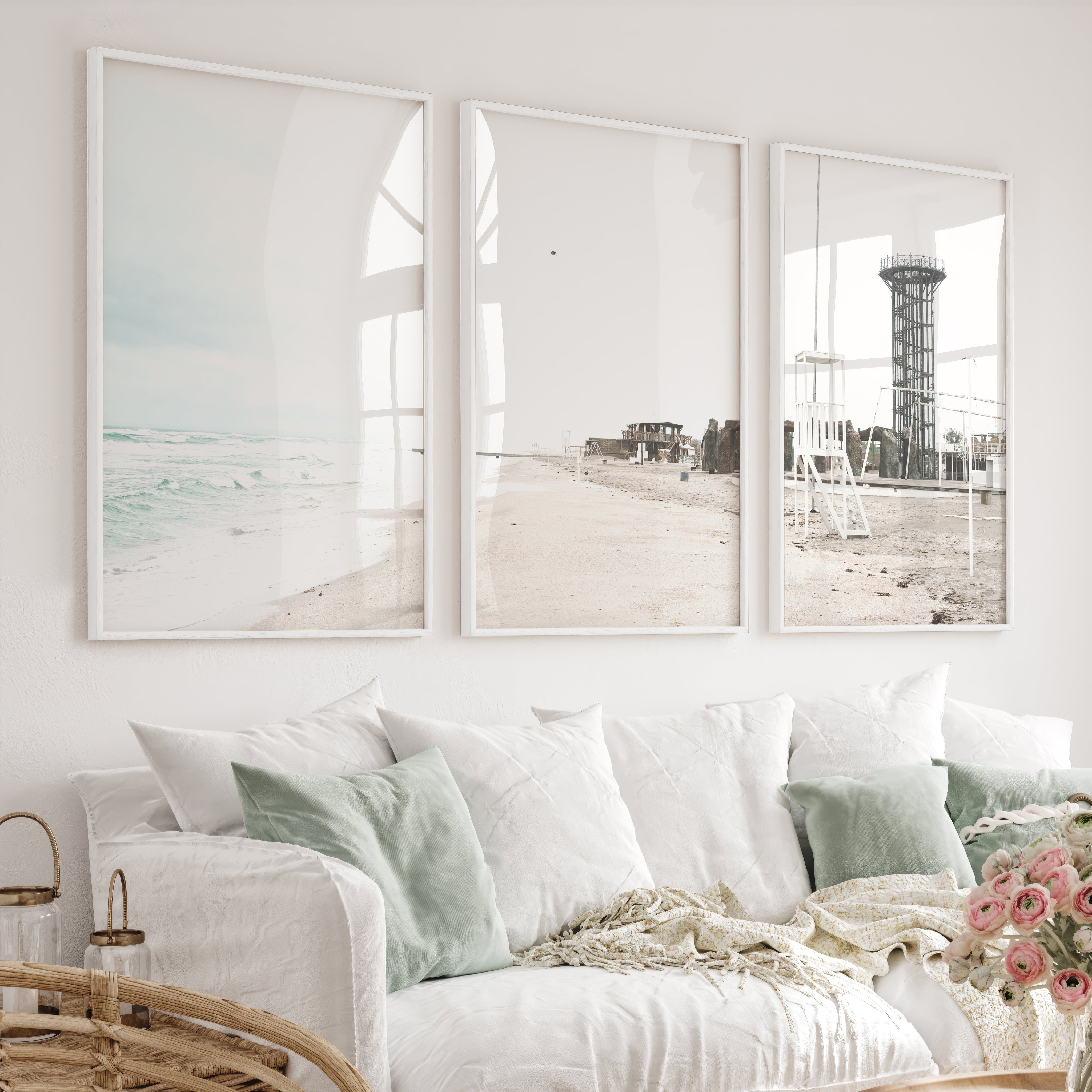 Stormy Shore Lifeguard Chair Coastal Art Prints - White Framed Poster No Border - Artworksets