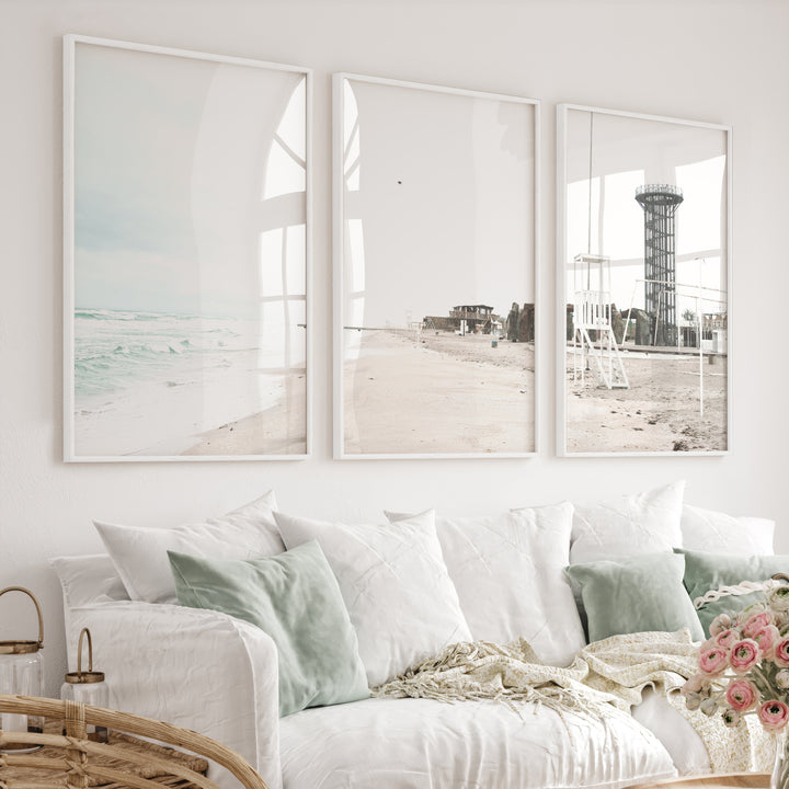 Stormy Shore Lifeguard Chair Coastal Art Prints - White Framed Poster No Border - Artworksets