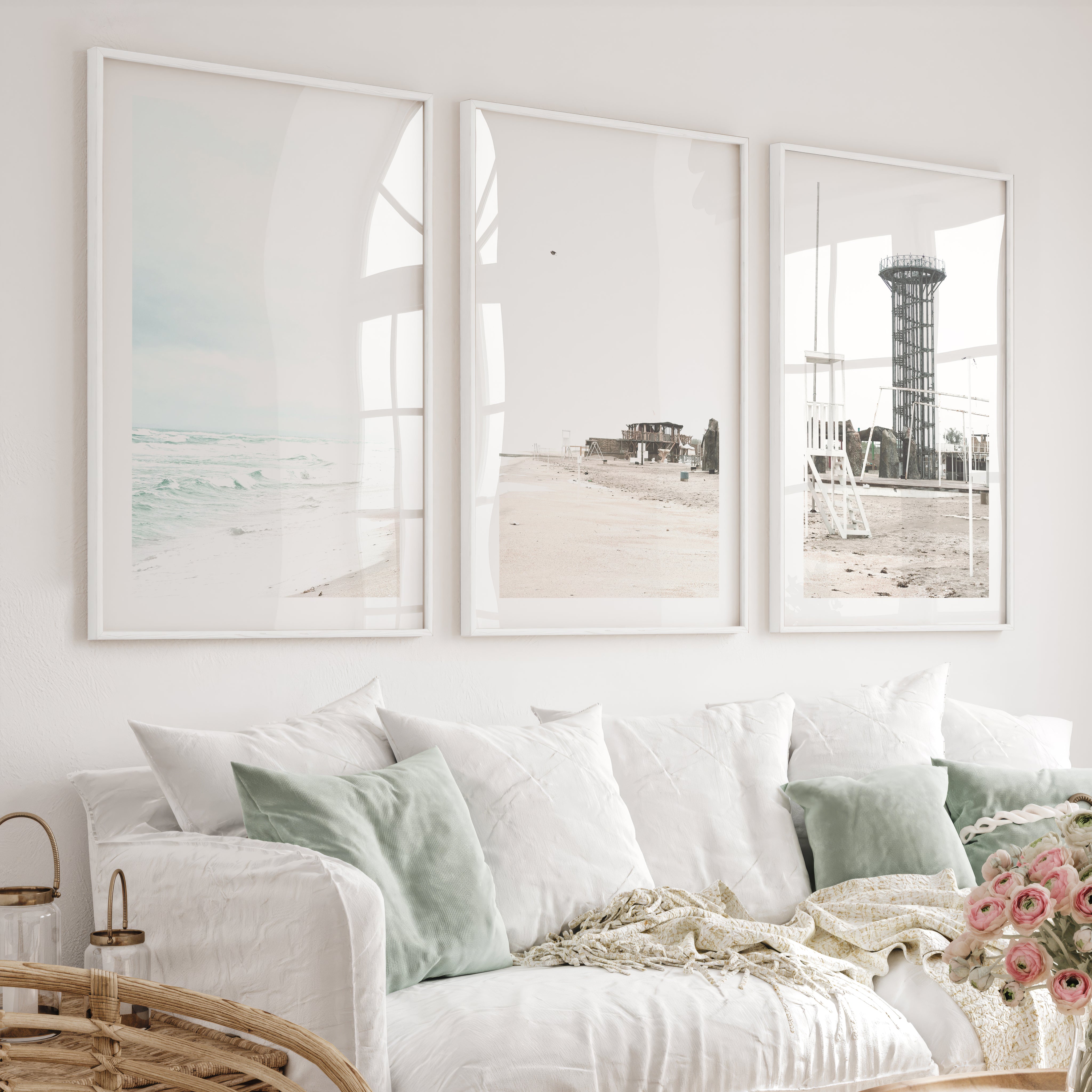 Stormy Shore Lifeguard Chair Coastal Art Prints - White Framed Poster with White Border - Artworksets