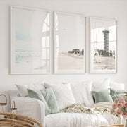 Stormy Shore Lifeguard Chair Coastal Art Prints - White Framed Poster with White Border - Artworksets