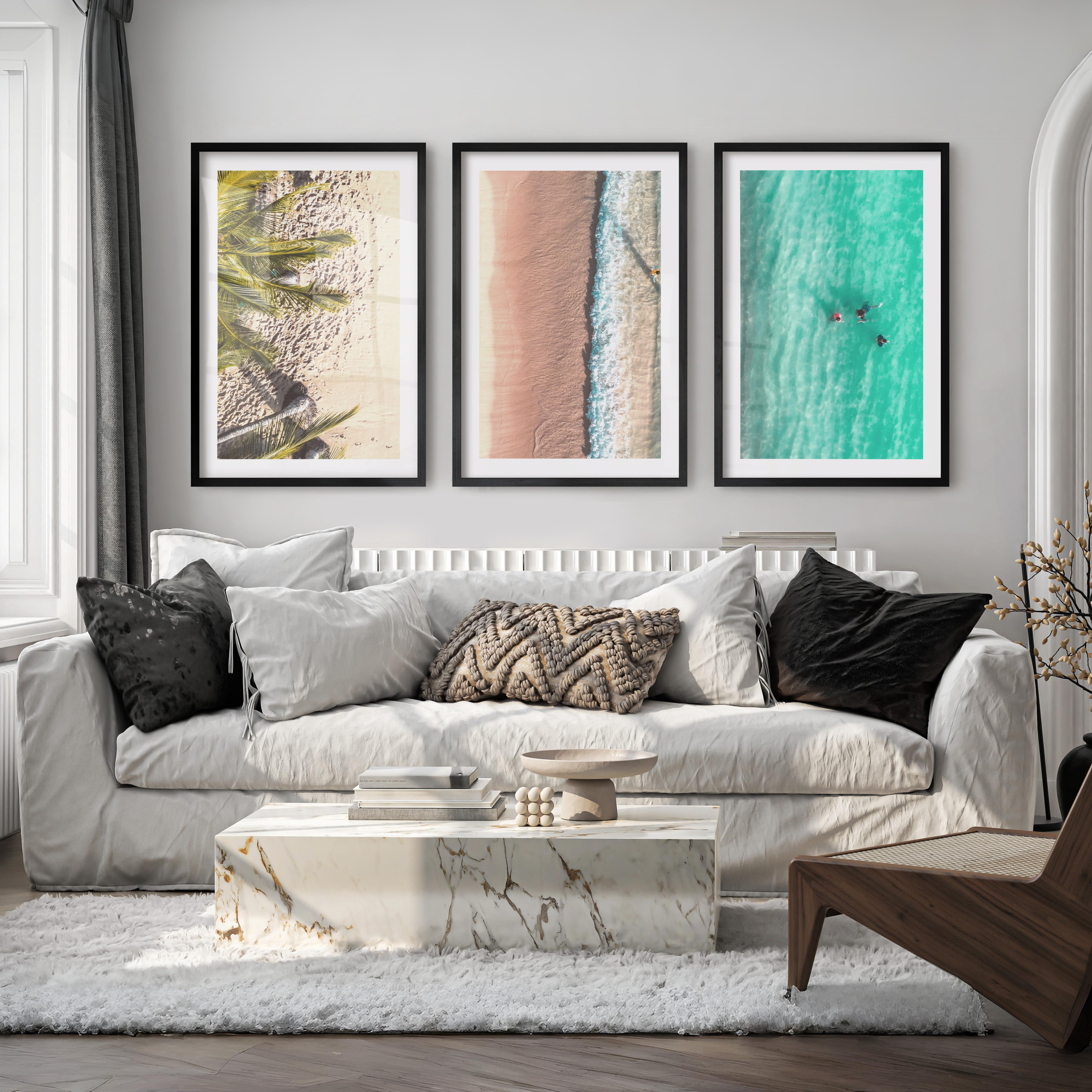Aerial Beach Coastal Artwork for Walls - Black Framed Poster with White Border - Artworksets