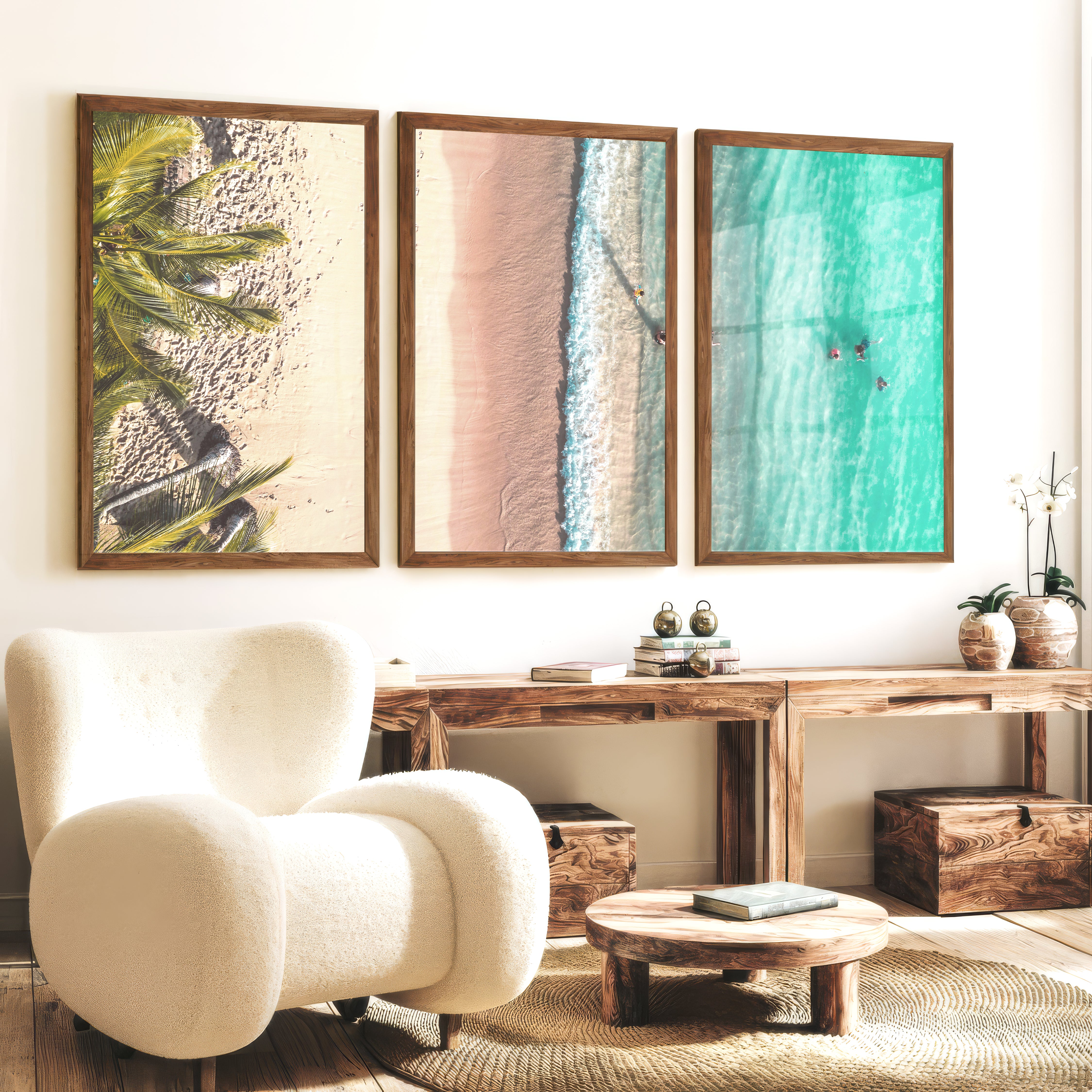 Aerial Beach Coastal Artwork for Walls - Dark Brown Framed Poster No Border - Artworksets