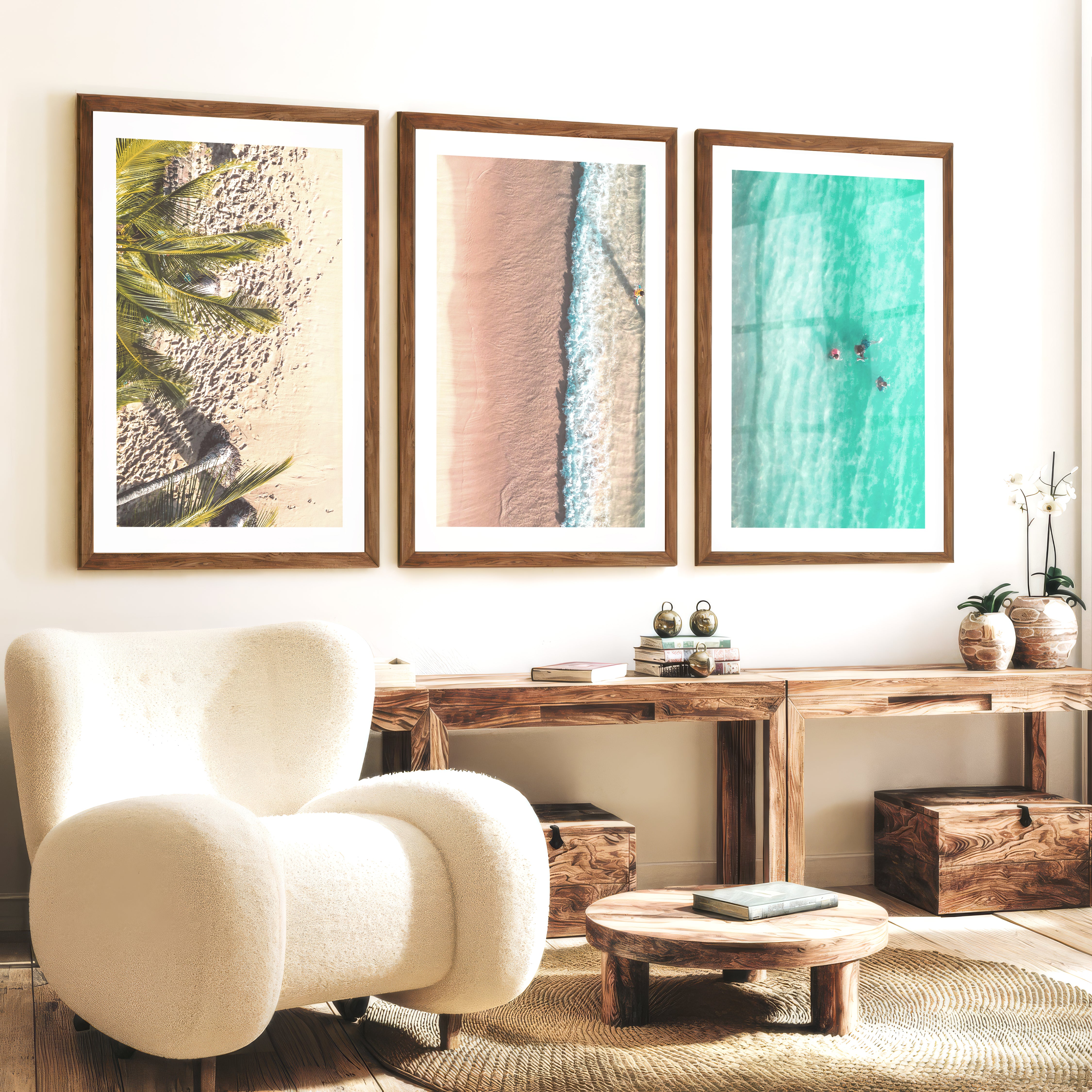 Aerial Beach Coastal Artwork for Walls - Dark Brown Framed Poster with White Border - Artworksets