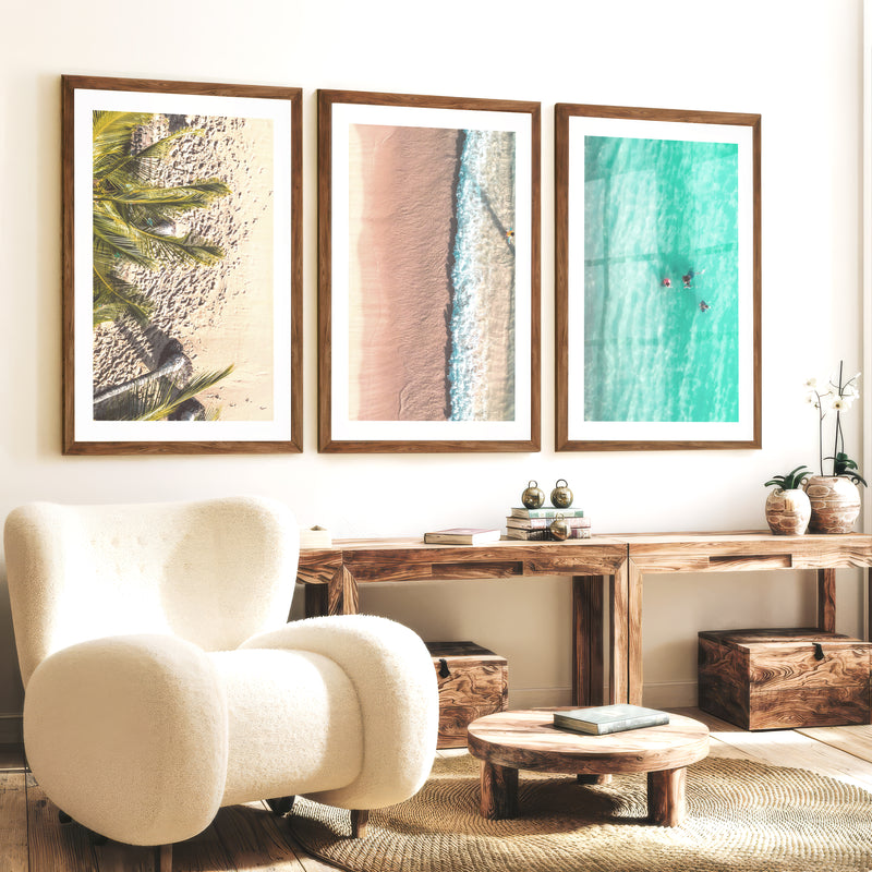 Aerial Beach Coastal Artwork for Walls - Dark Brown Framed Poster with White Border - Artworksets