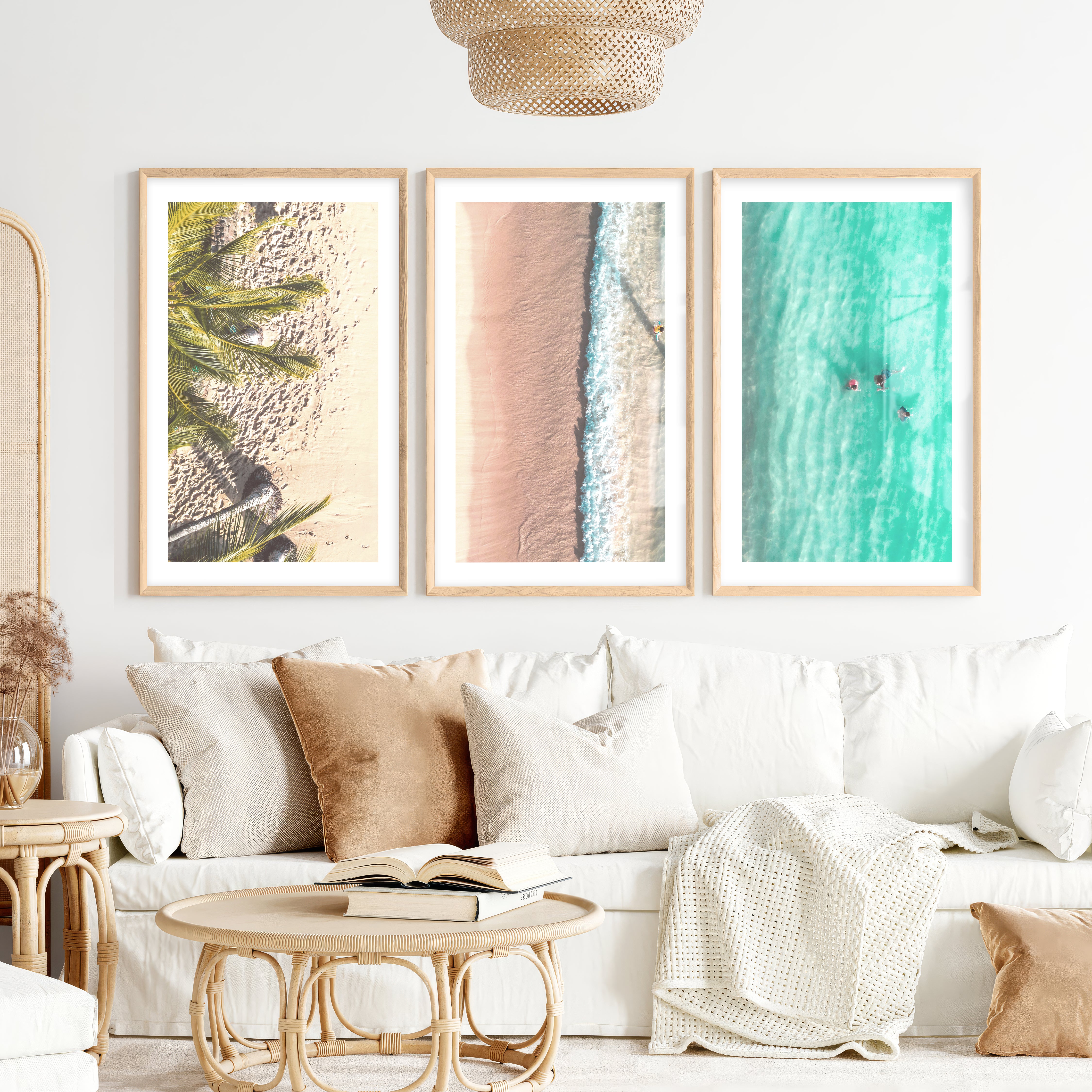 Aerial Beach Coastal Artwork for Walls- Natural Wood Framed Poster with White Border - Artworksets