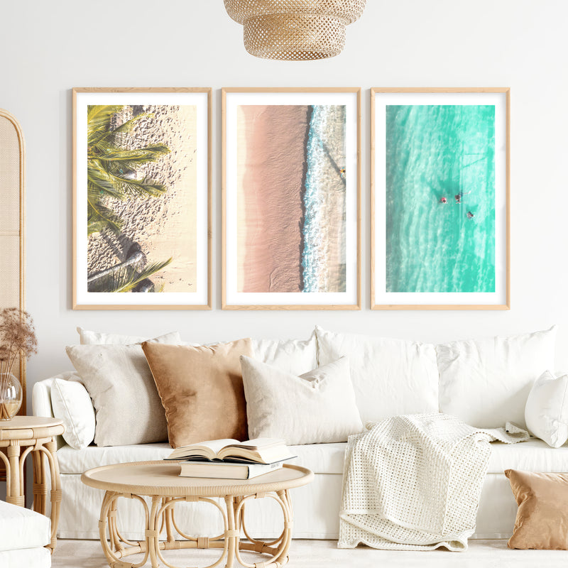 Aerial Beach Coastal Artwork for Walls- Natural Wood Framed Poster with White Border - Artworksets