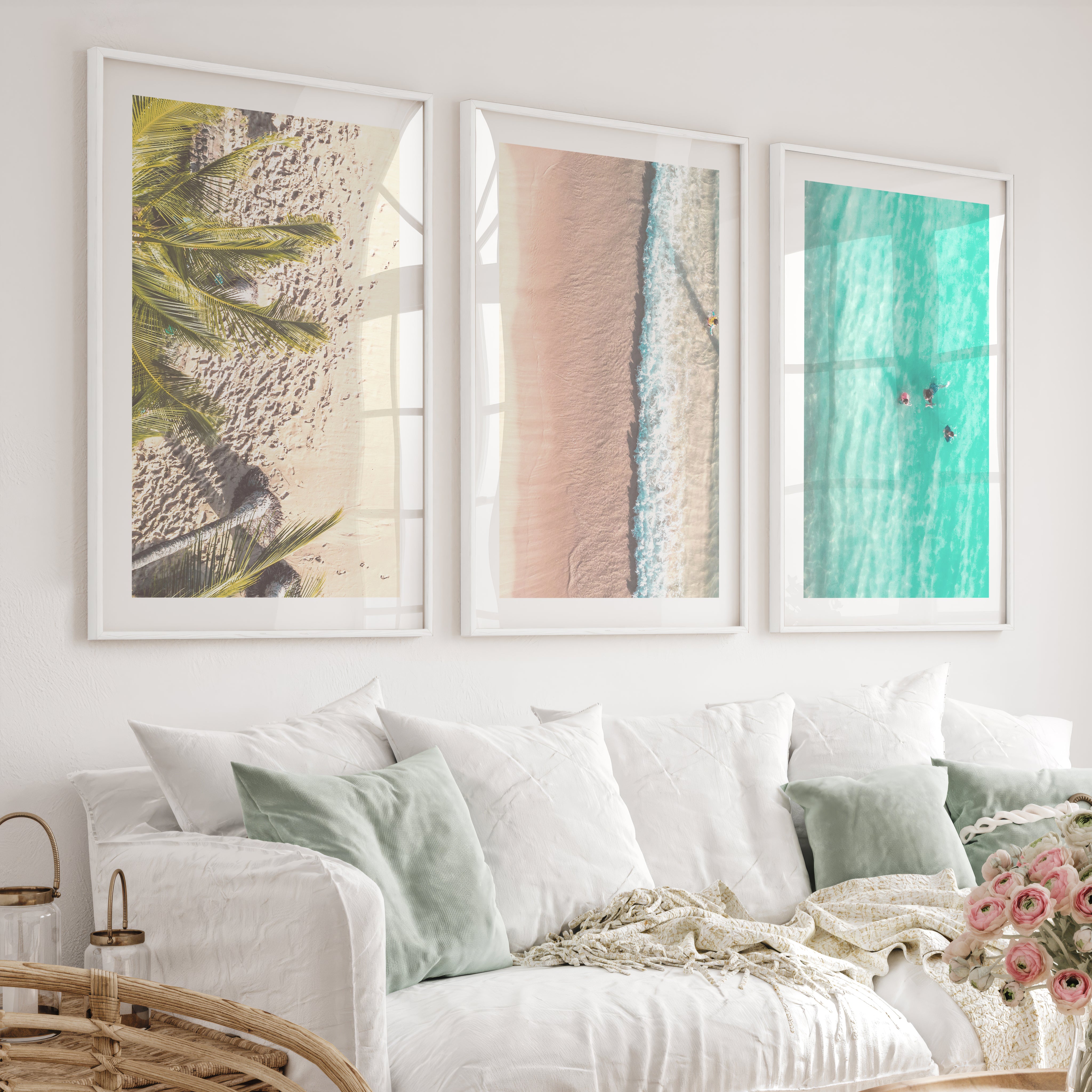 Aerial Beach Coastal Artwork for Walls - White Framed Poster with White Border - Artworksets
