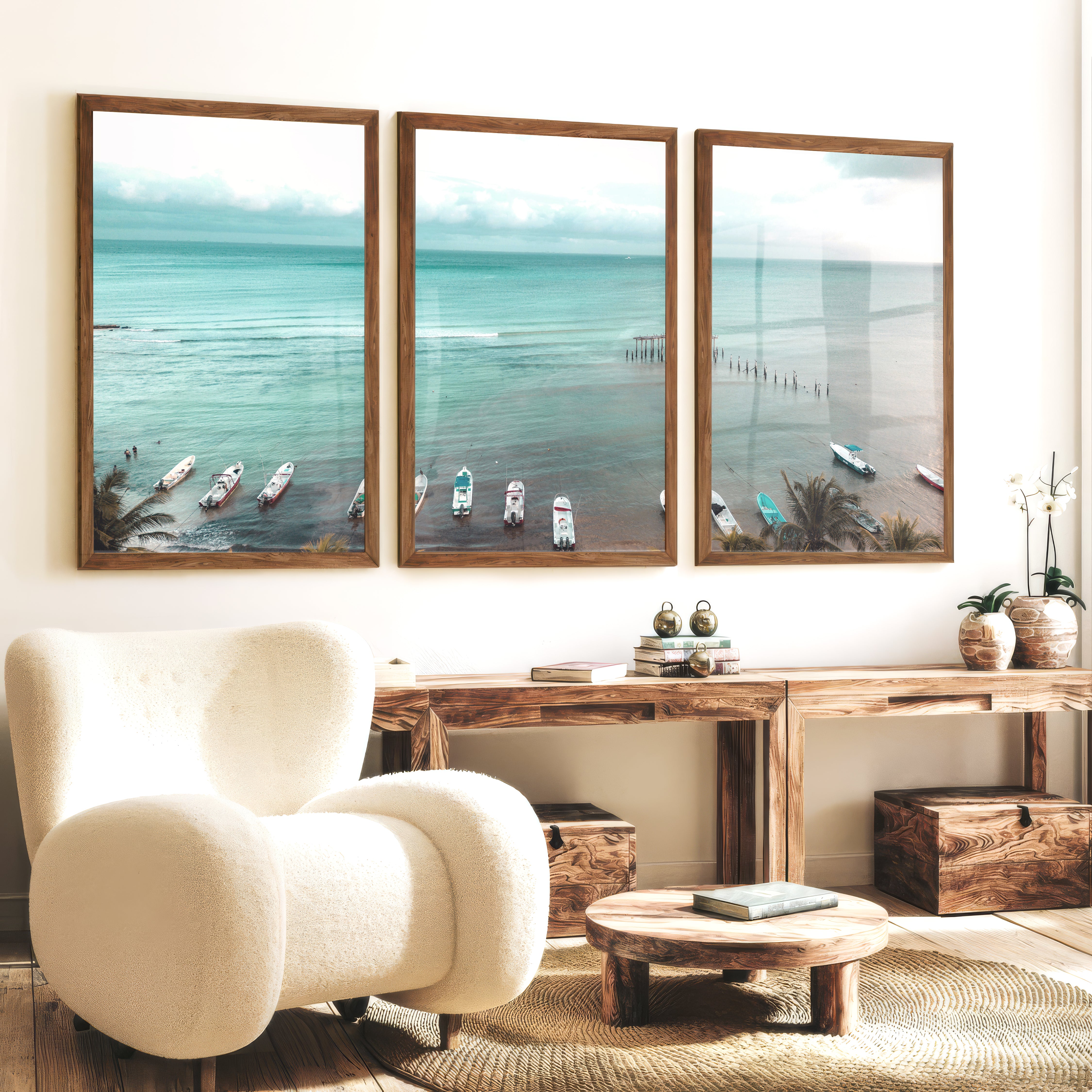 Palm Beach Boats Coastal Artwork for Walls - Dark Brown Framed Poster No Border - Artworksets