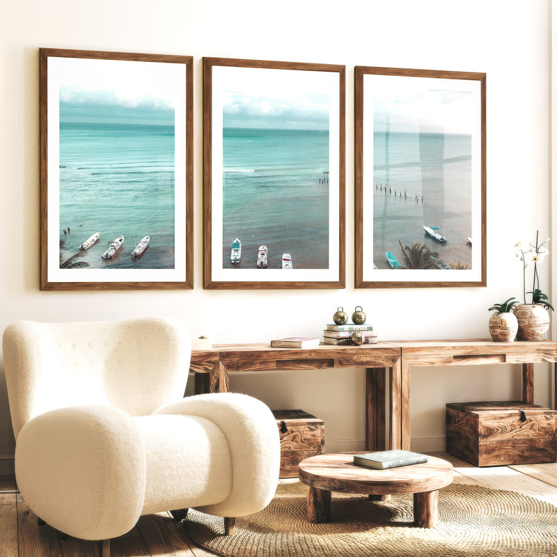 Palm Beach Boats Coastal Artwork for Walls - Dark Brown Framed Poster with White Border - Artworksets