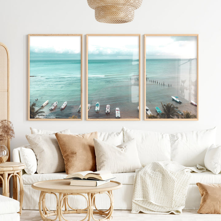 Palm Beach Boats Coastal Artwork for Walls - Natural Wood Framed Poster No Border - Artworksets