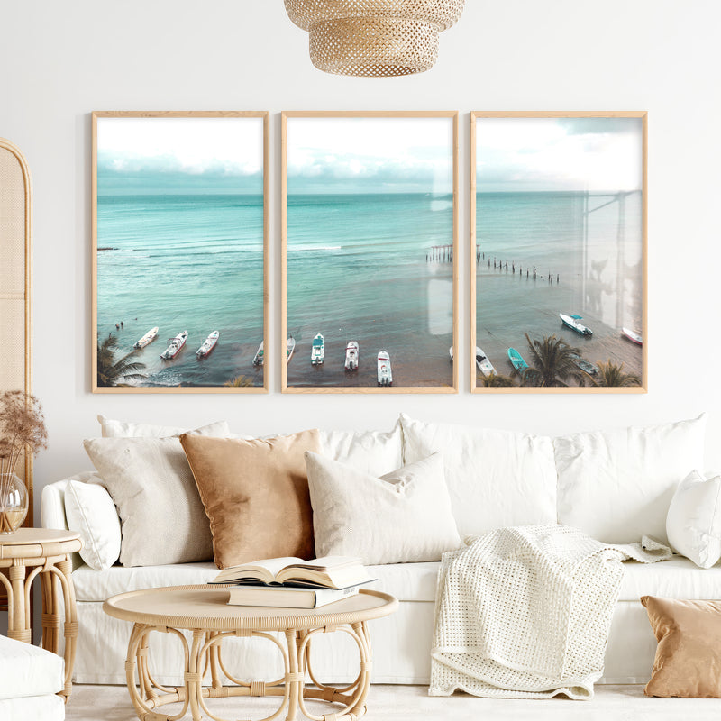 Palm Beach Boats Coastal Artwork for Walls - Natural Wood Framed Poster No Border - Artworksets