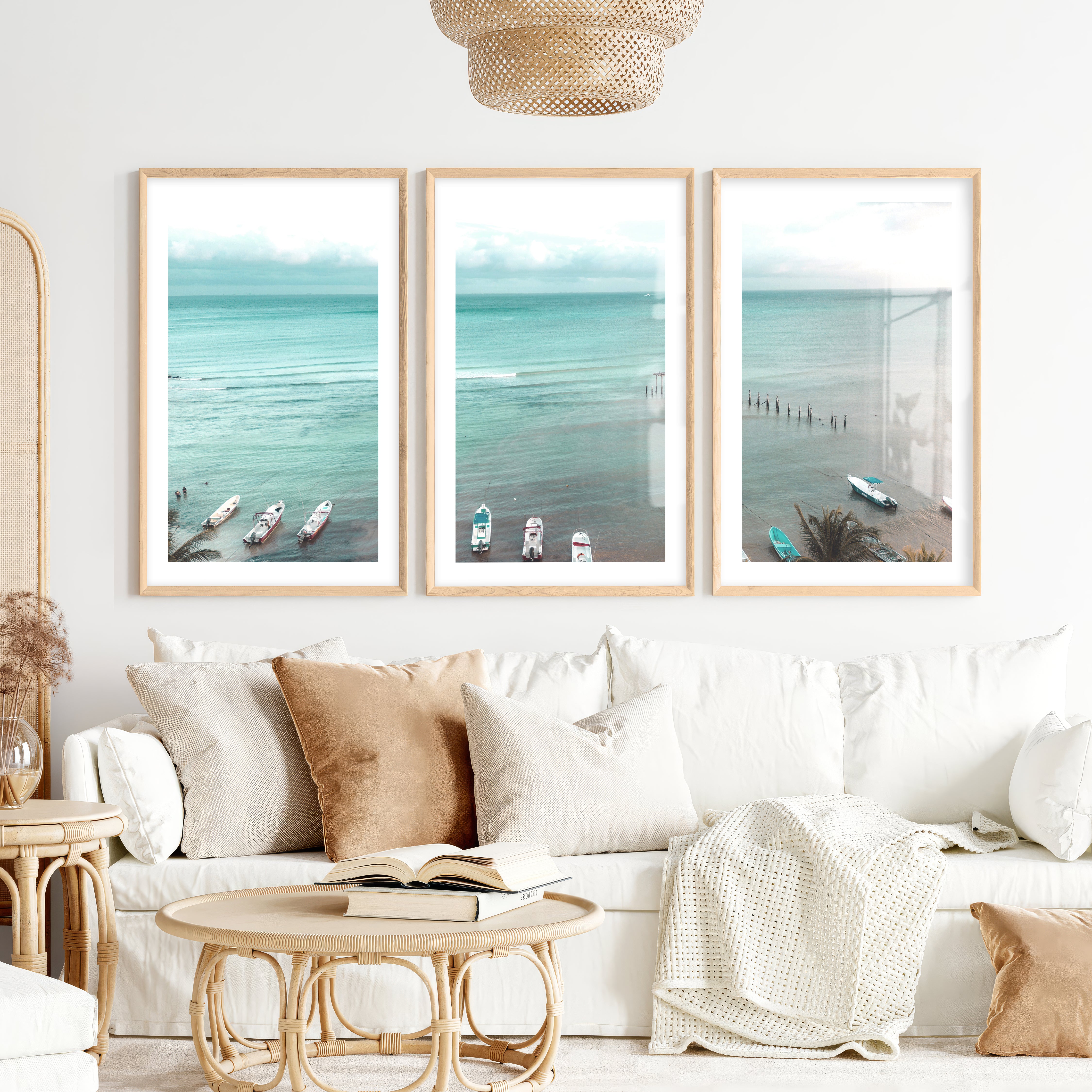 Palm Beach Boats Coastal Artwork for Walls- Natural Wood Framed Poster with White Border - Artworksets