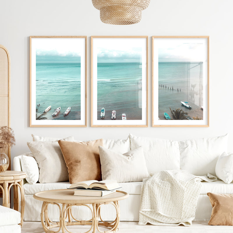 Palm Beach Boats Coastal Artwork for Walls- Natural Wood Framed Poster with White Border - Artworksets