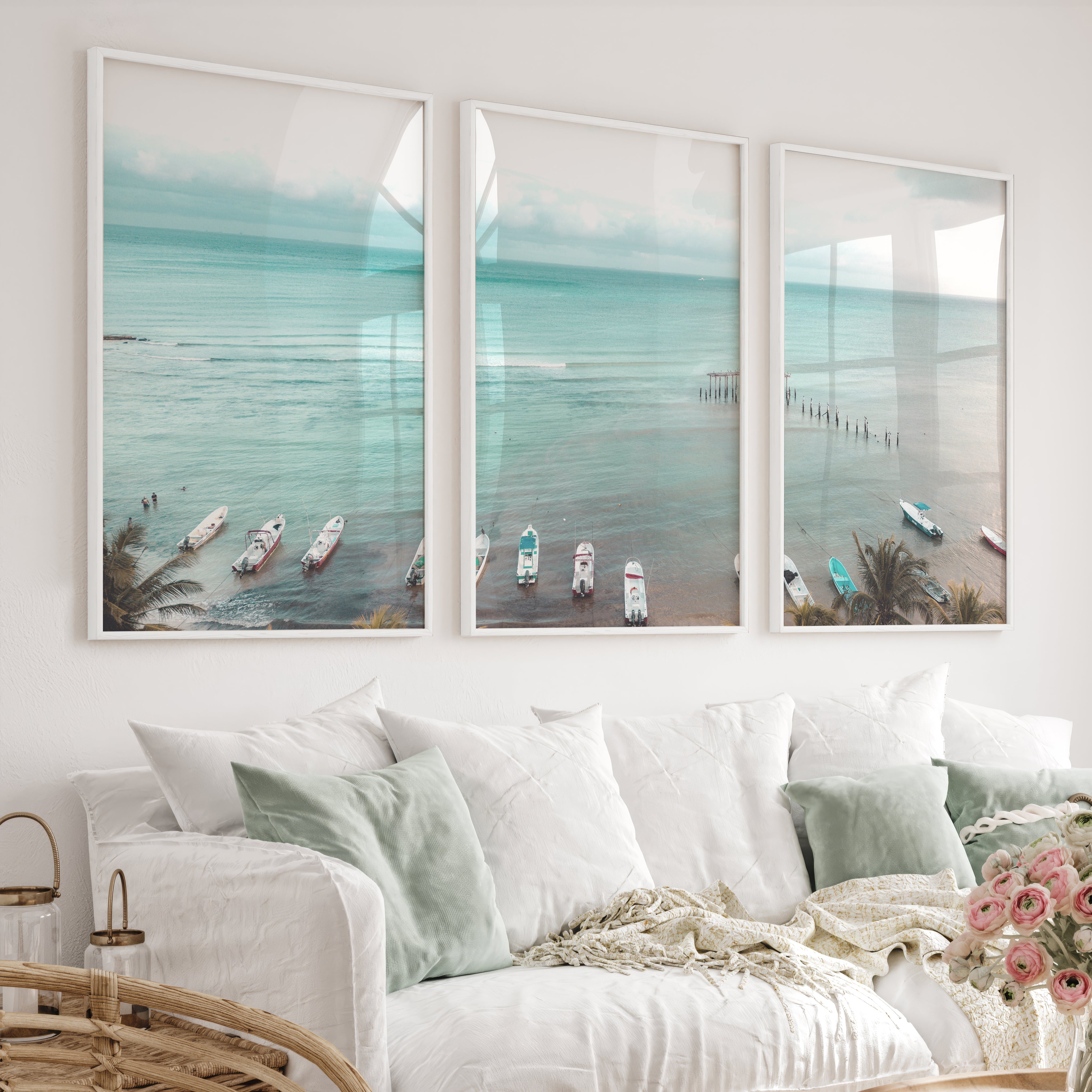 Palm Beach Boats Coastal Artwork for Walls - White Framed Poster No Border - Artworksets