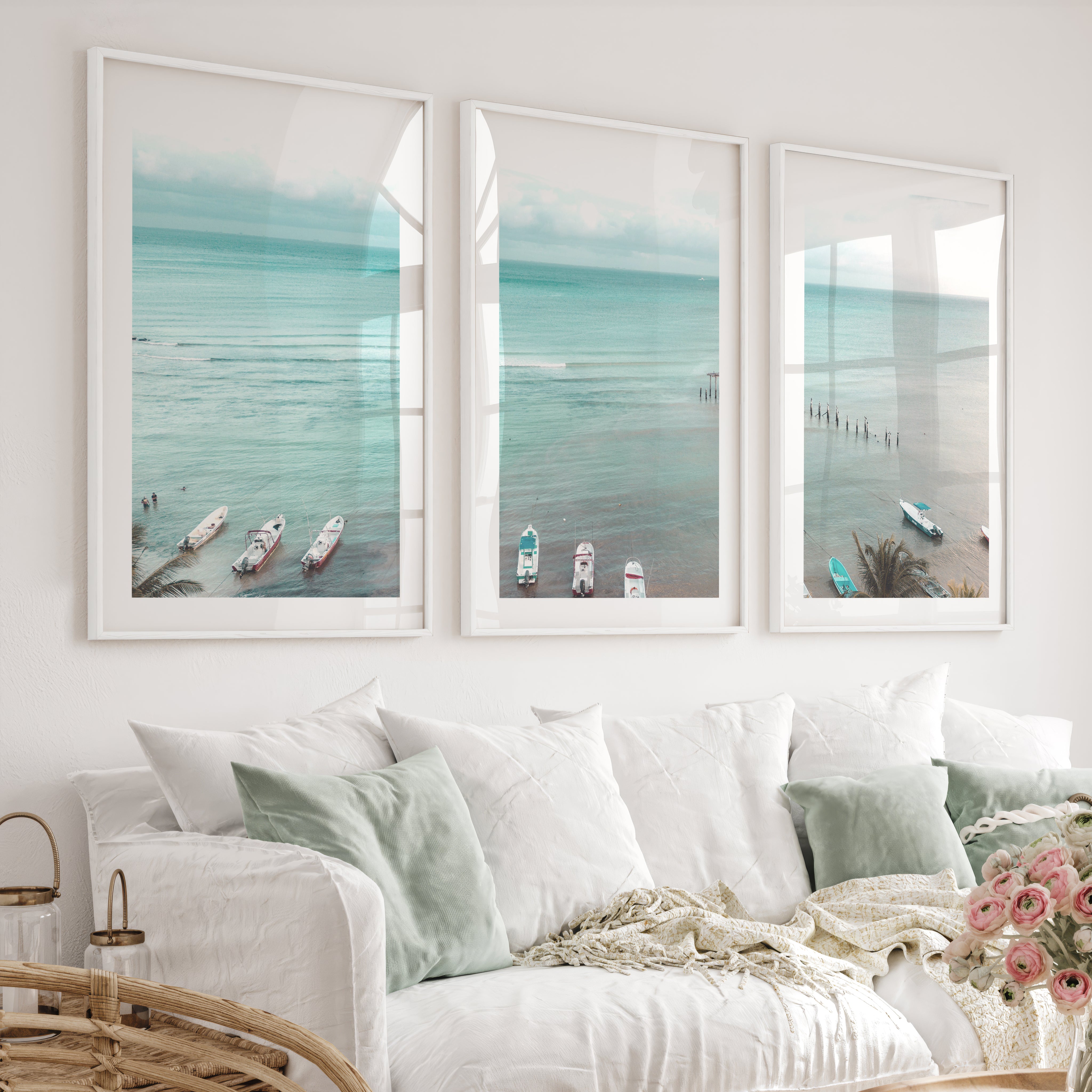 Palm Beach Boats Coastal Artwork for Walls - White Framed Poster with White Border - Artworksets