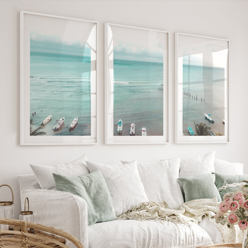 Palm Beach Boats Coastal Artwork for Walls - White Framed Poster with White Border - Artworksets