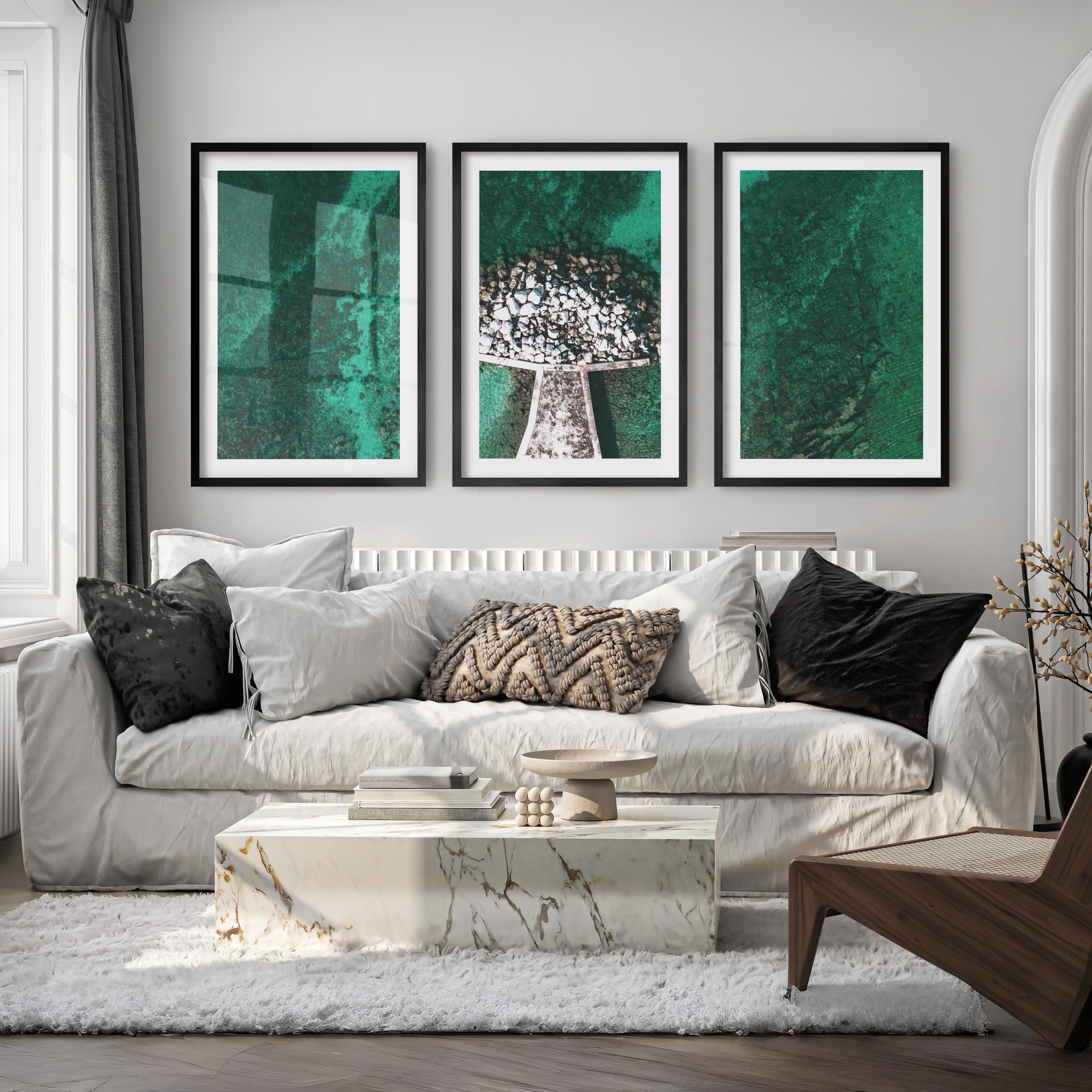 Turquoise Pier Coastal Artwork Framed - Black Framed Poster with White Border - Artworksets