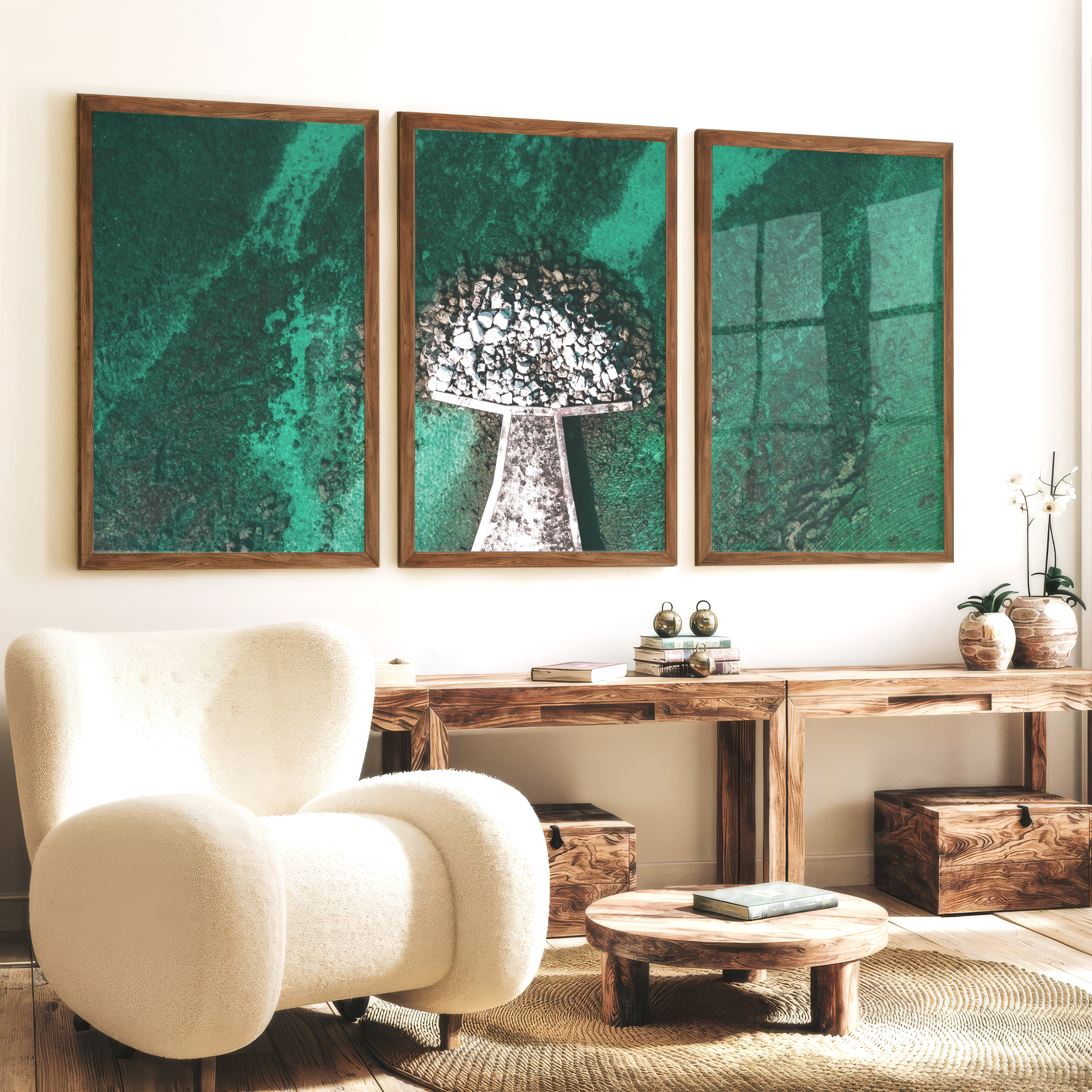 Turquoise Pier Coastal Artwork Framed - Dark Brown Framed Poster No Border - Artworksets