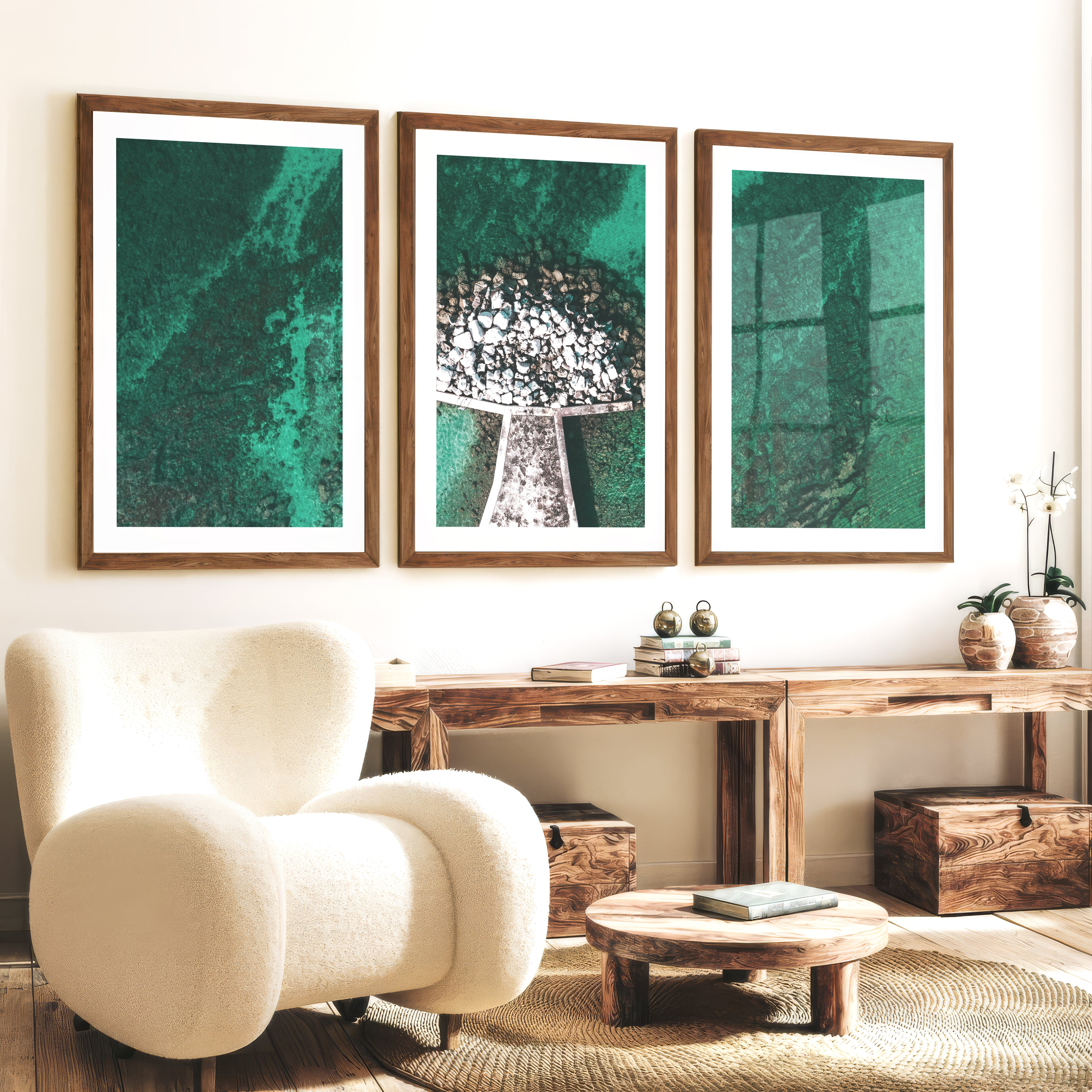 Turquoise Pier Coastal Artwork Framed - Dark Brown Framed Poster with White Border - Artworksets