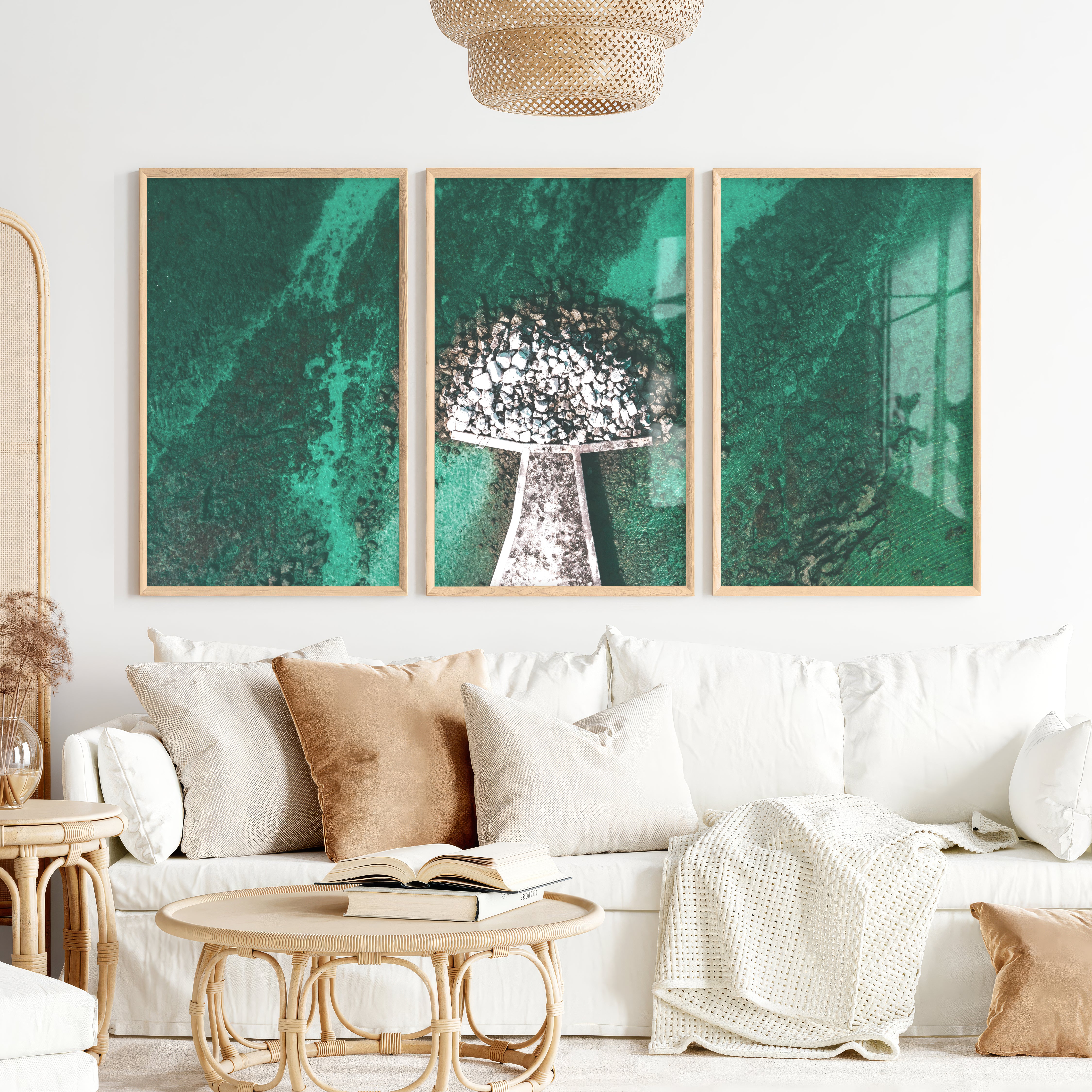 Turquoise Pier Coastal Artwork Framed - Natural Wood Framed Poster No Border - Artworksets