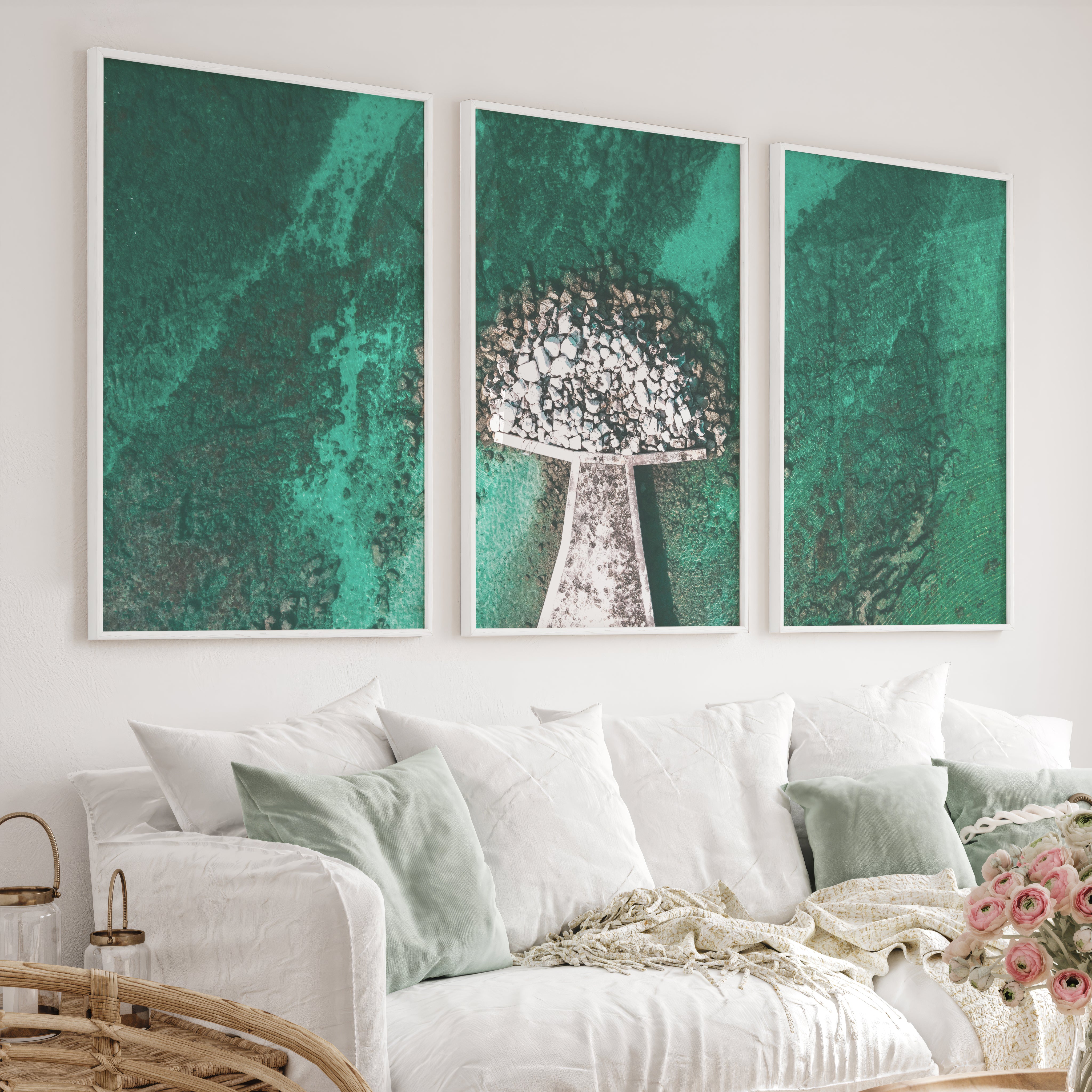 Turquoise Pier Coastal Artwork Framed - White Framed Poster No Border - Artworksets