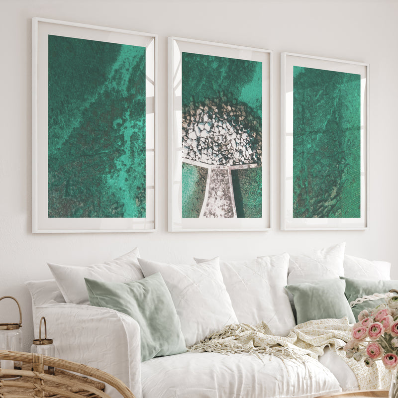 Turquoise Pier Coastal Artwork Framed - White Framed Poster with White Border - Artworksets