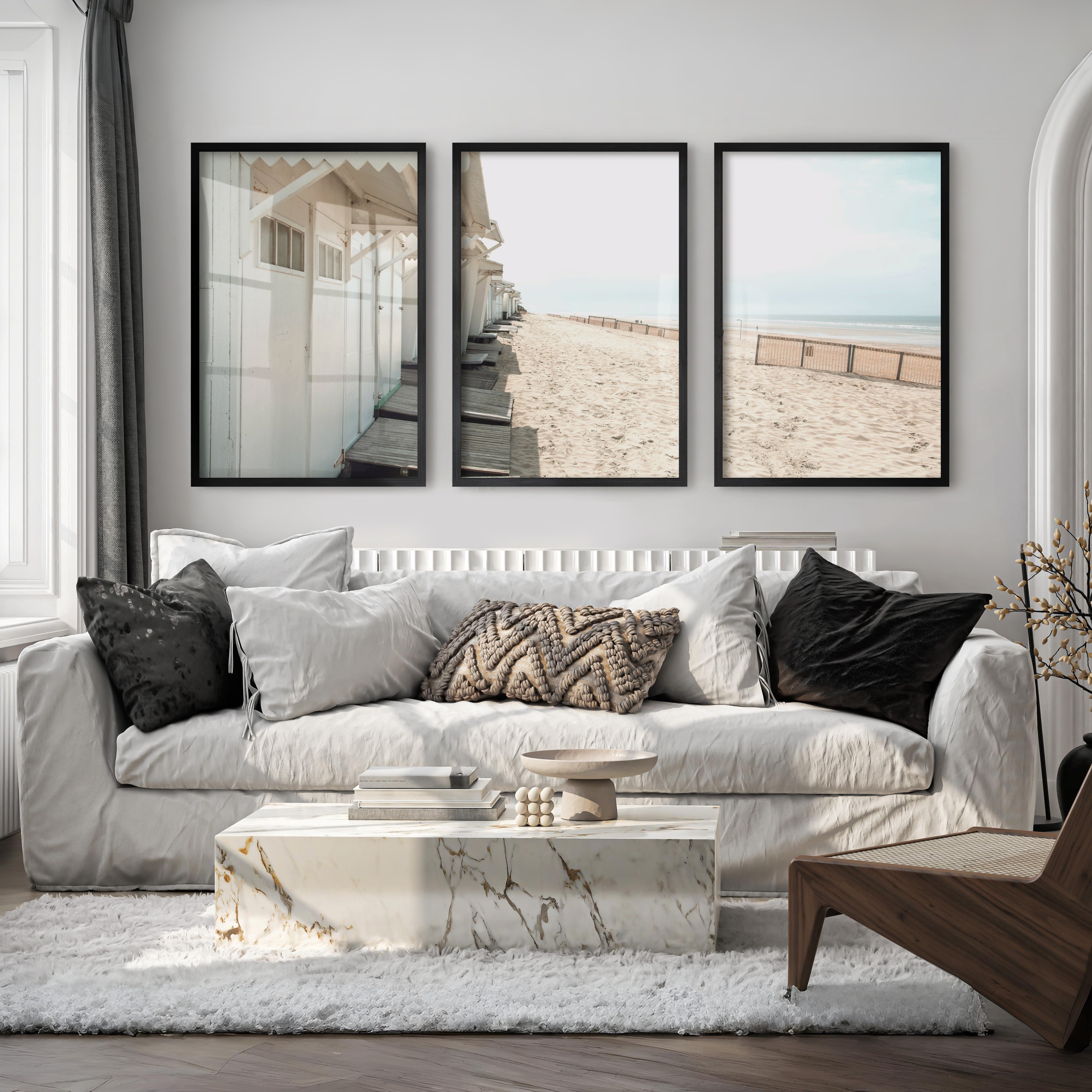 White Beach Cabins coastal artwork prints - Black Framed Poster No Border - Artworksets